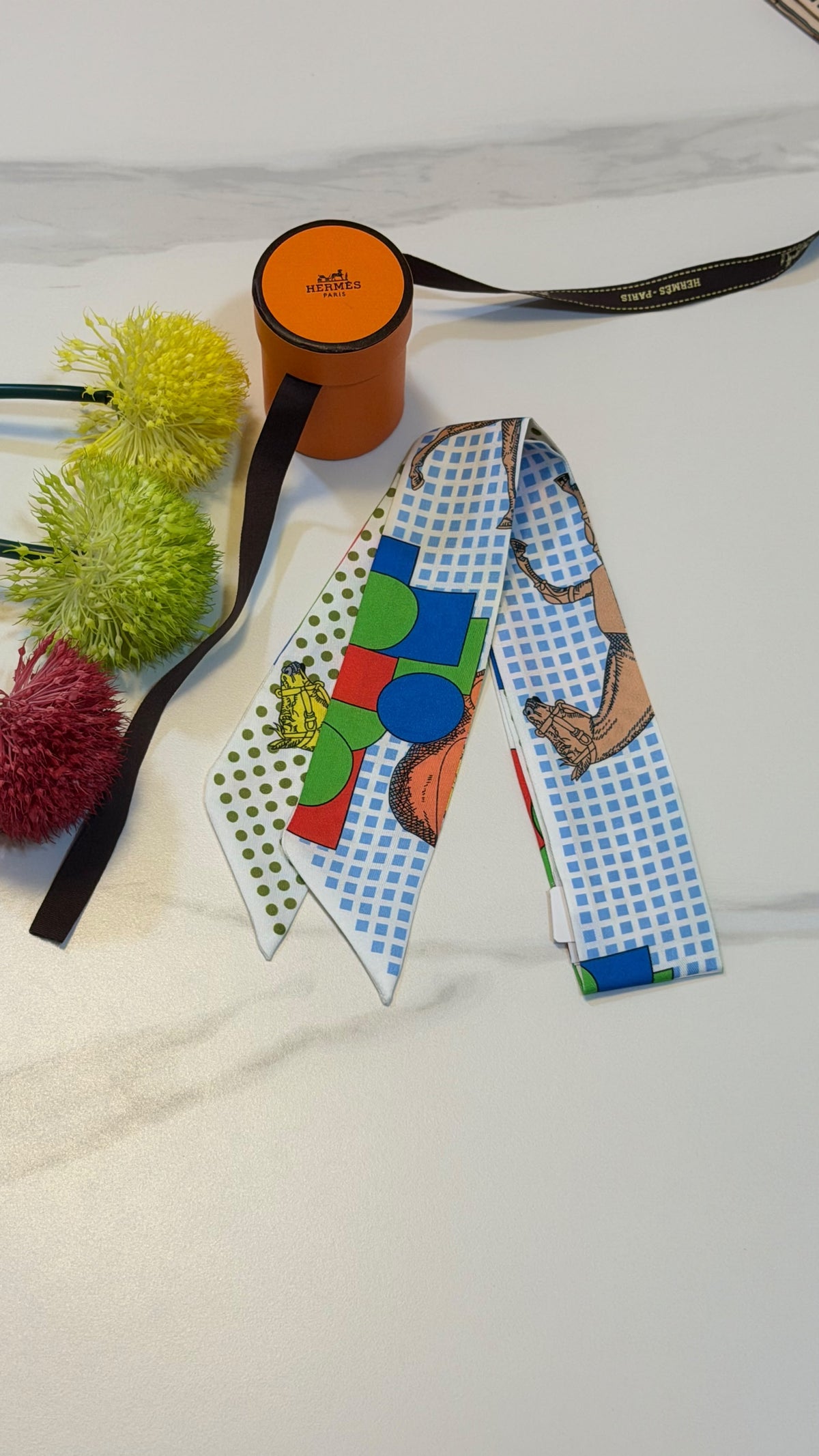 Hermès Geometric Grid Twilly Scarf