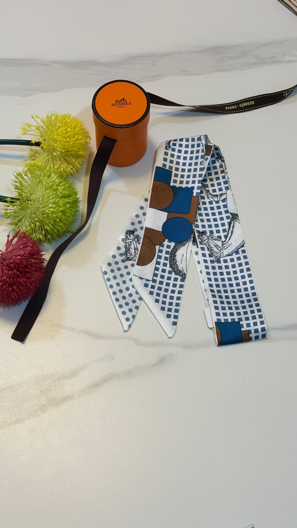 Hermès Geometric Grid Twilly Scarf