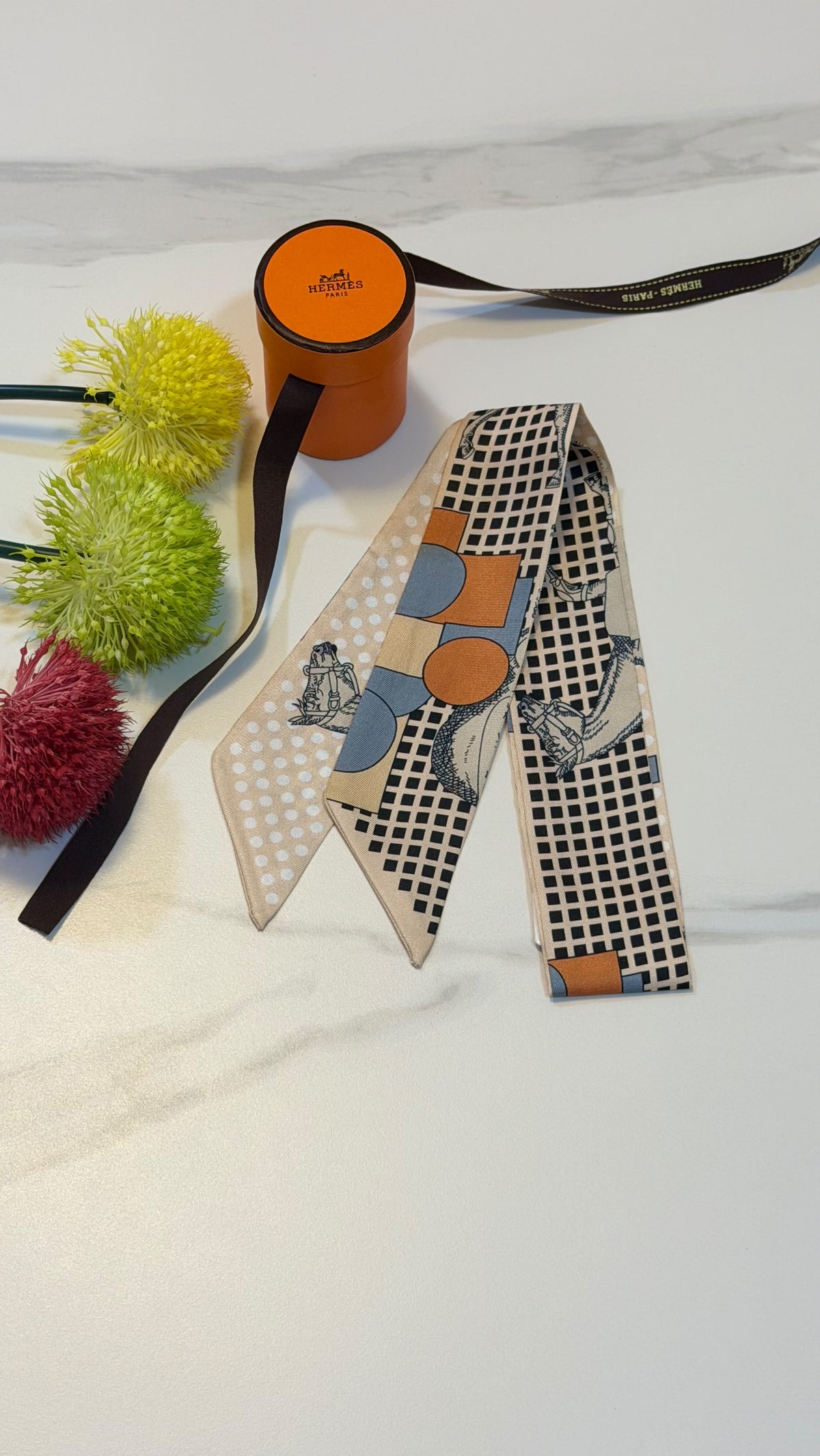 Hermès Geometric Grid Twilly Scarf