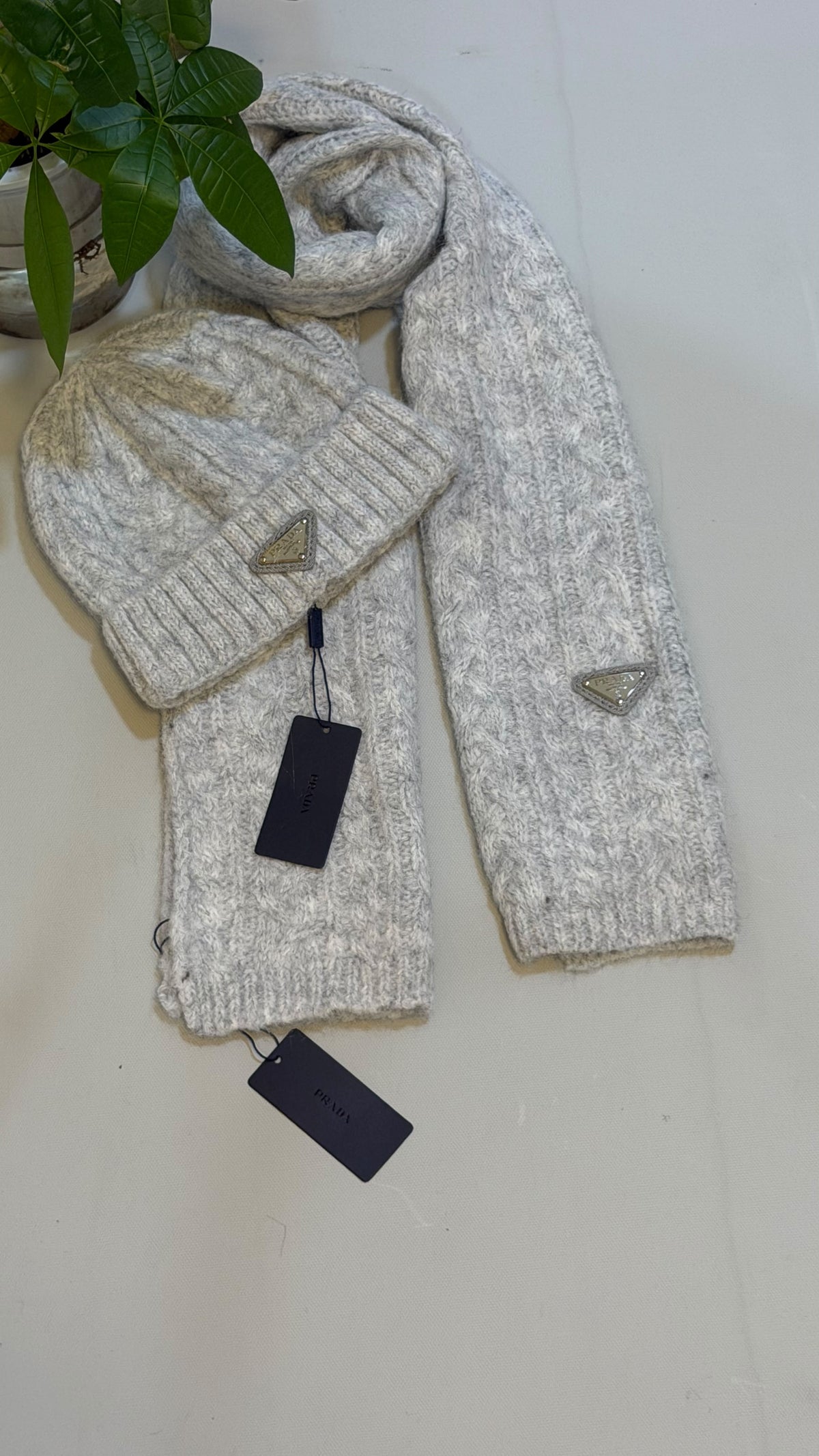 Prada Pom Pom Scarf Beanie & Fingerless Gloves Set