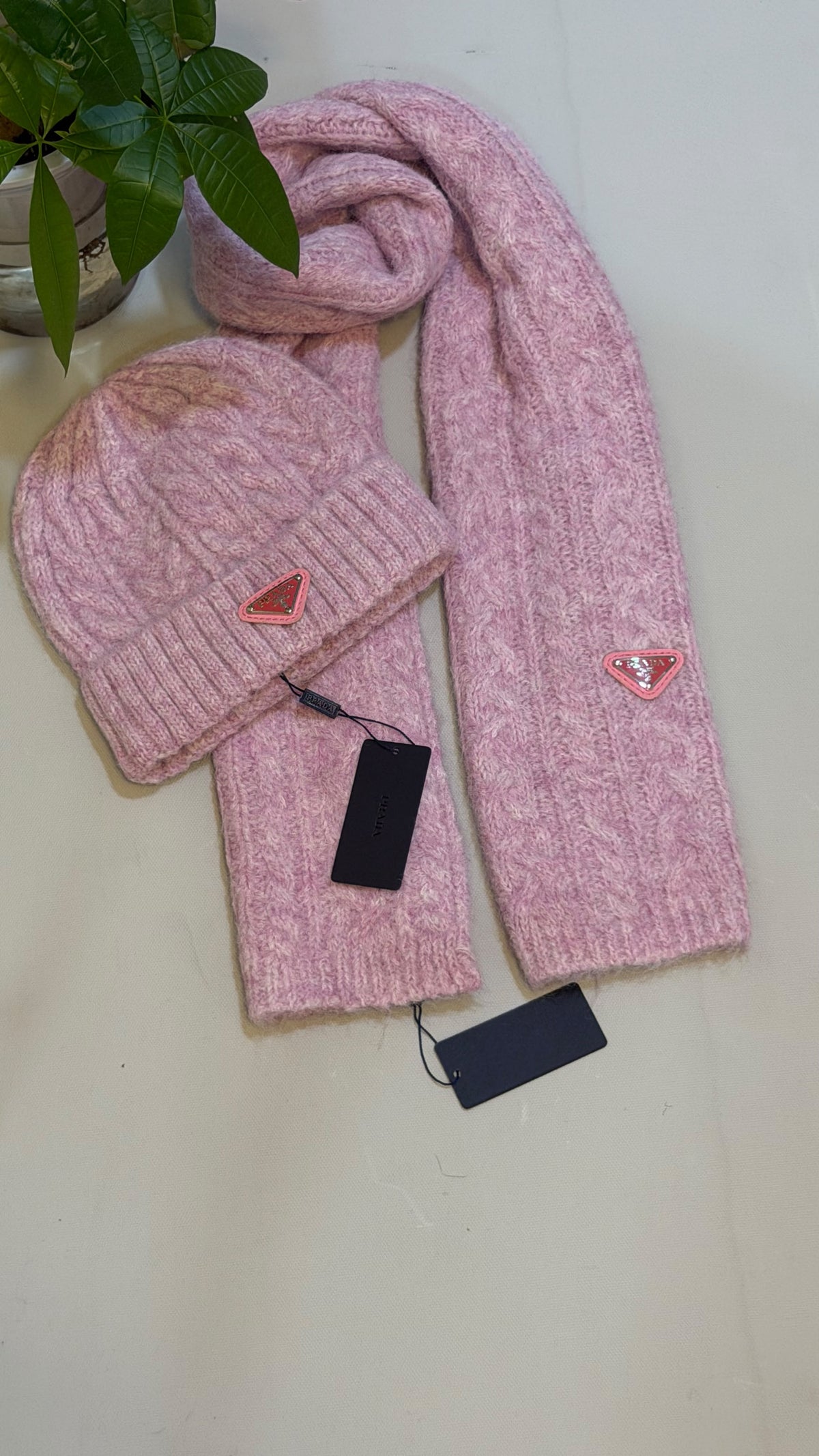 Prada Cable Knit Scarf & Beanie Set