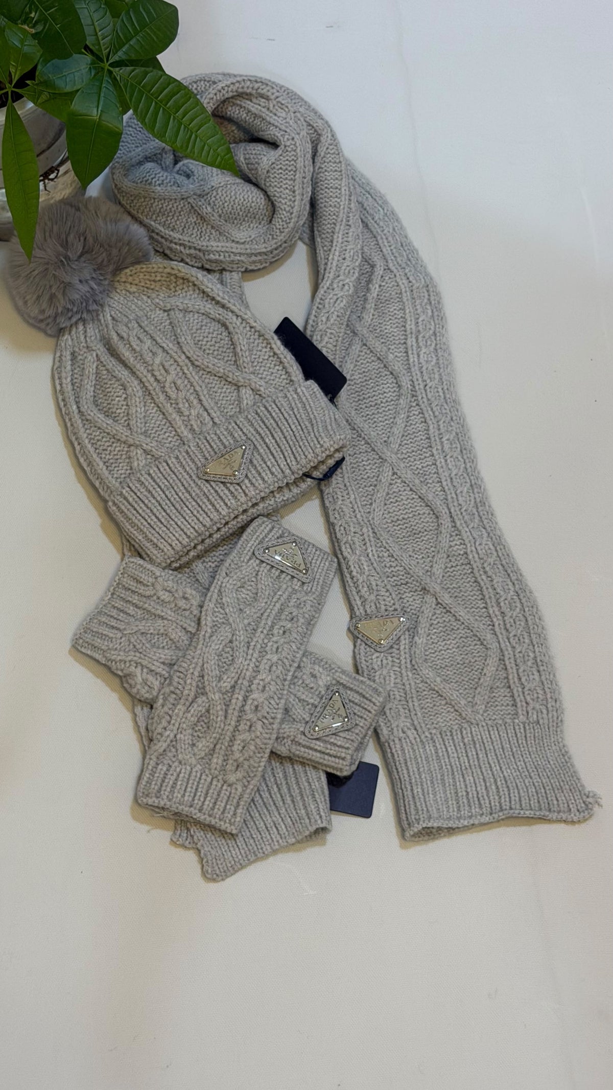 Prada Cable Knit Scarf & Beanie Set