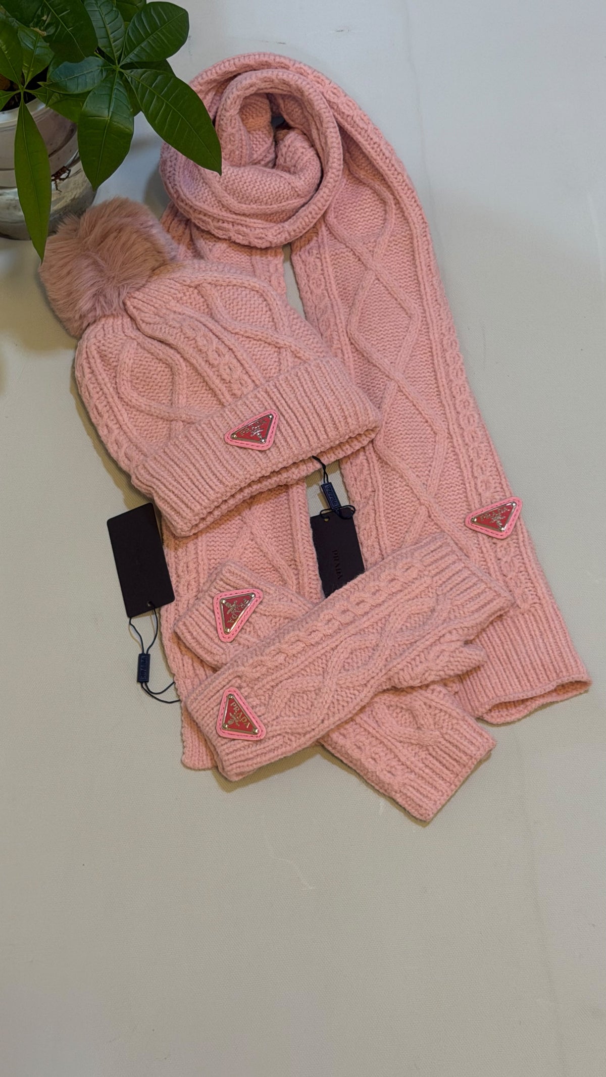 Prada Pom Pom Scarf Beanie & Fingerless Gloves Set