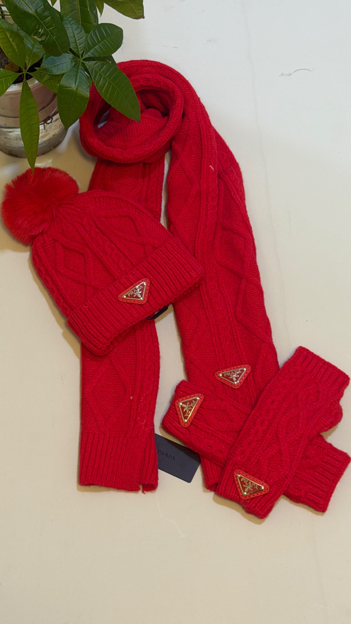 Prada Pom Pom Scarf Beanie & Fingerless Gloves Set