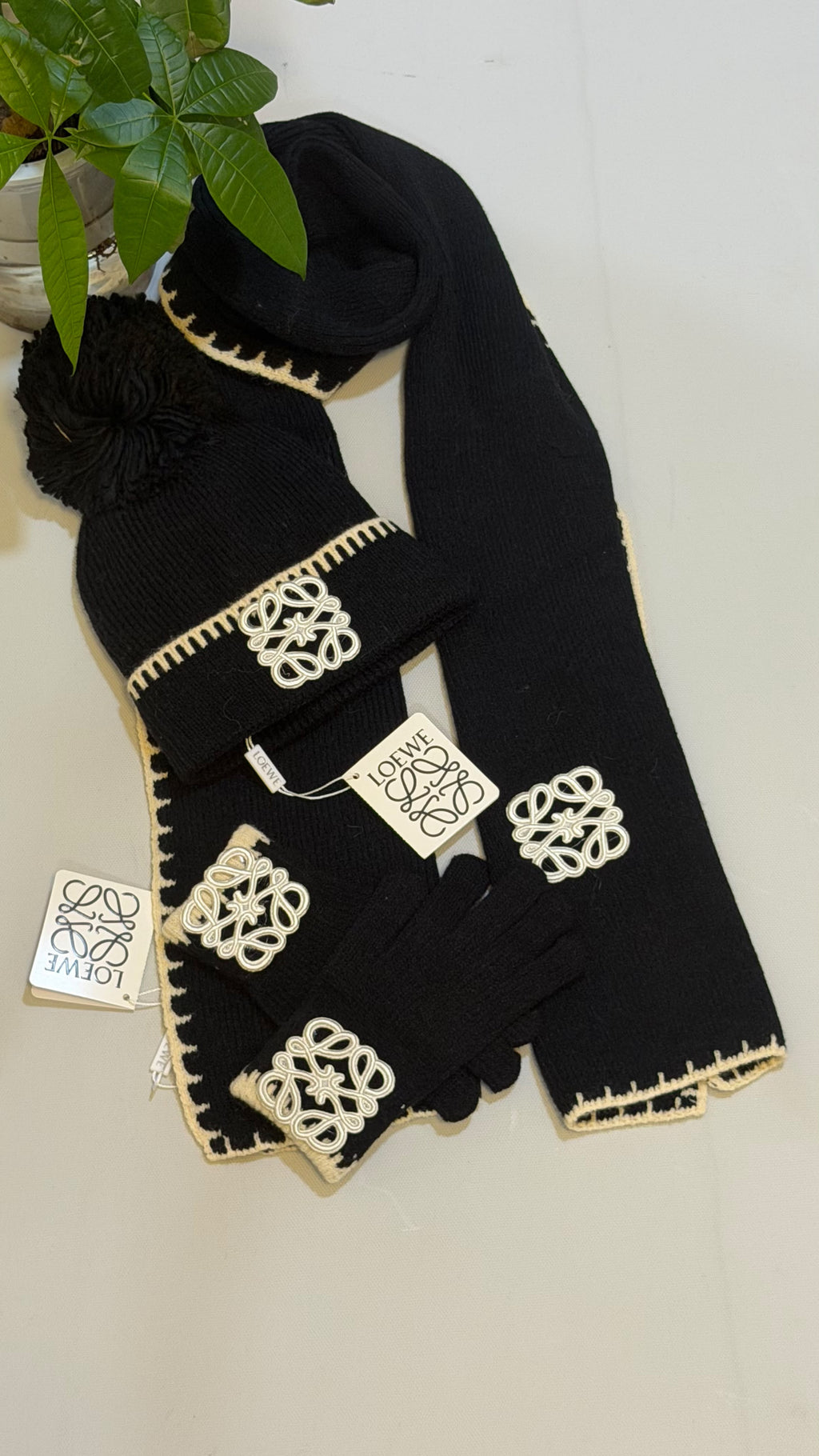 LOEWE Pom Pom Scarf Beanie & Gloves Set