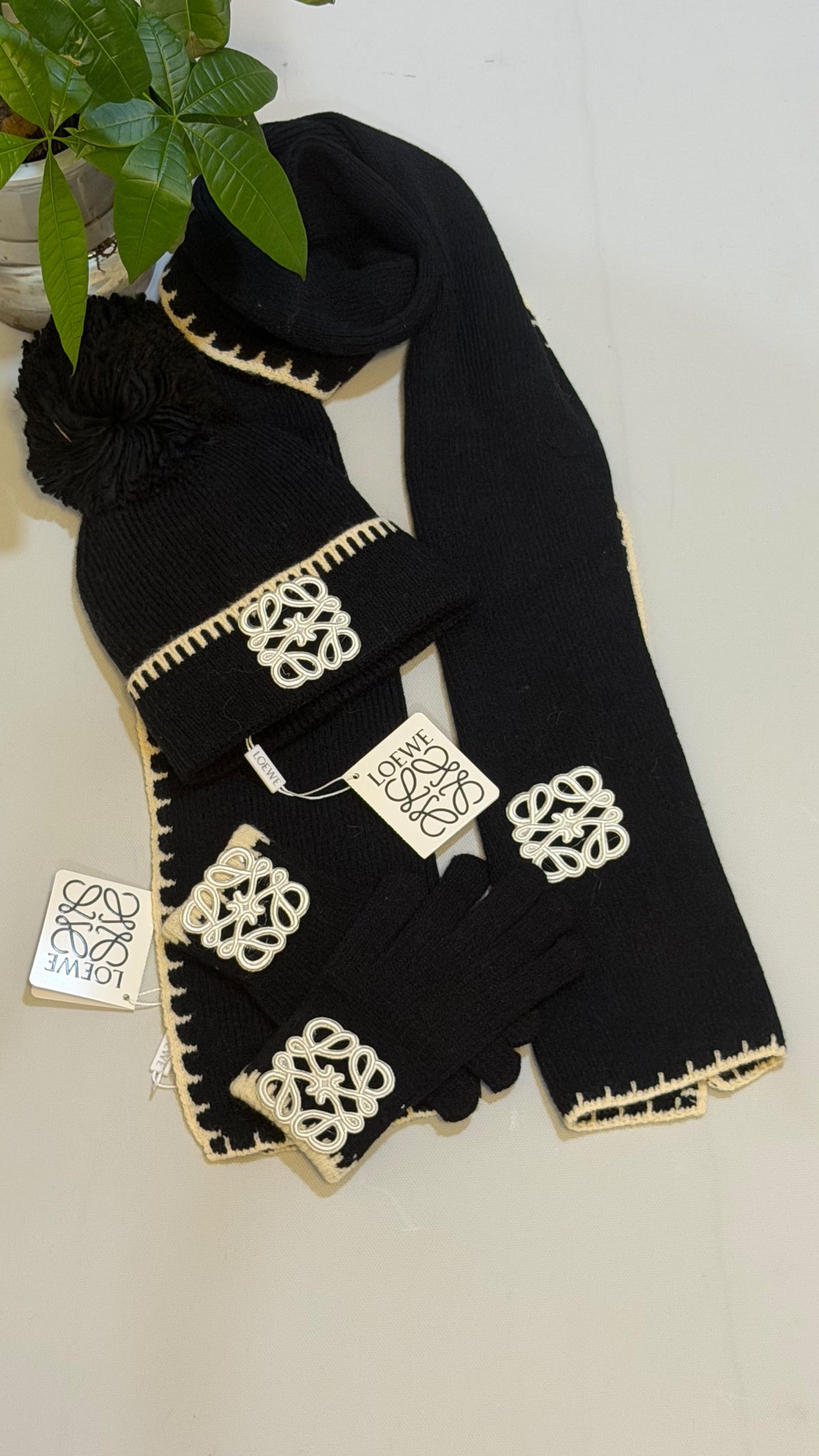 LOEWE Pom Pom Scarf Beanie & Gloves Set