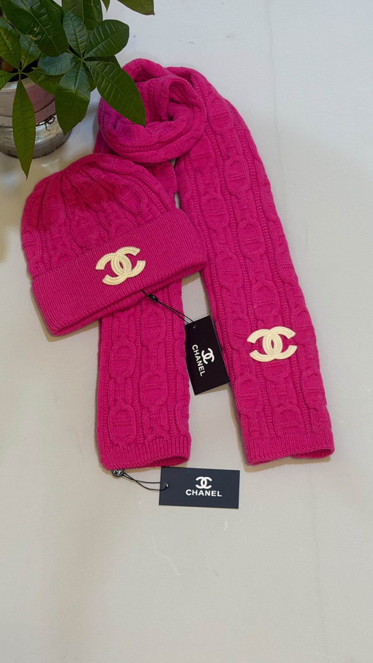 CHANEL Textured Scarf & Beanie Set