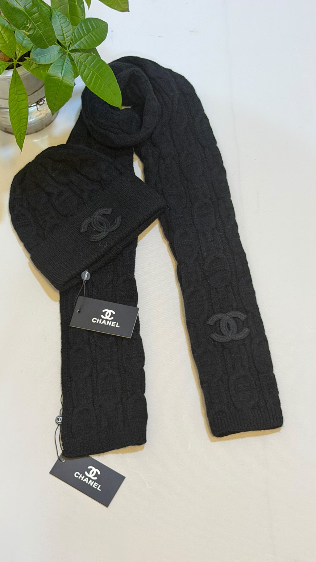 CHANEL Cable Knit Scarf & Beanie Set