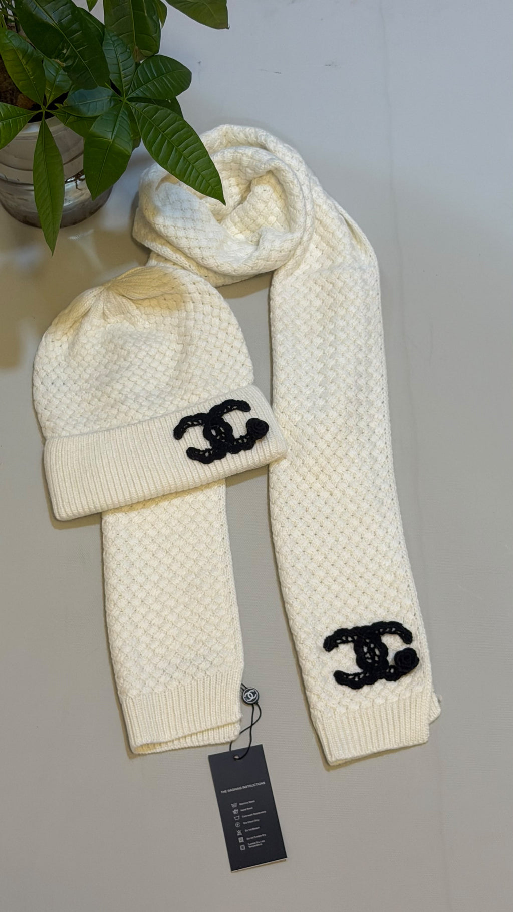 CHANEL Cable Knit Scarf & Beanie Set