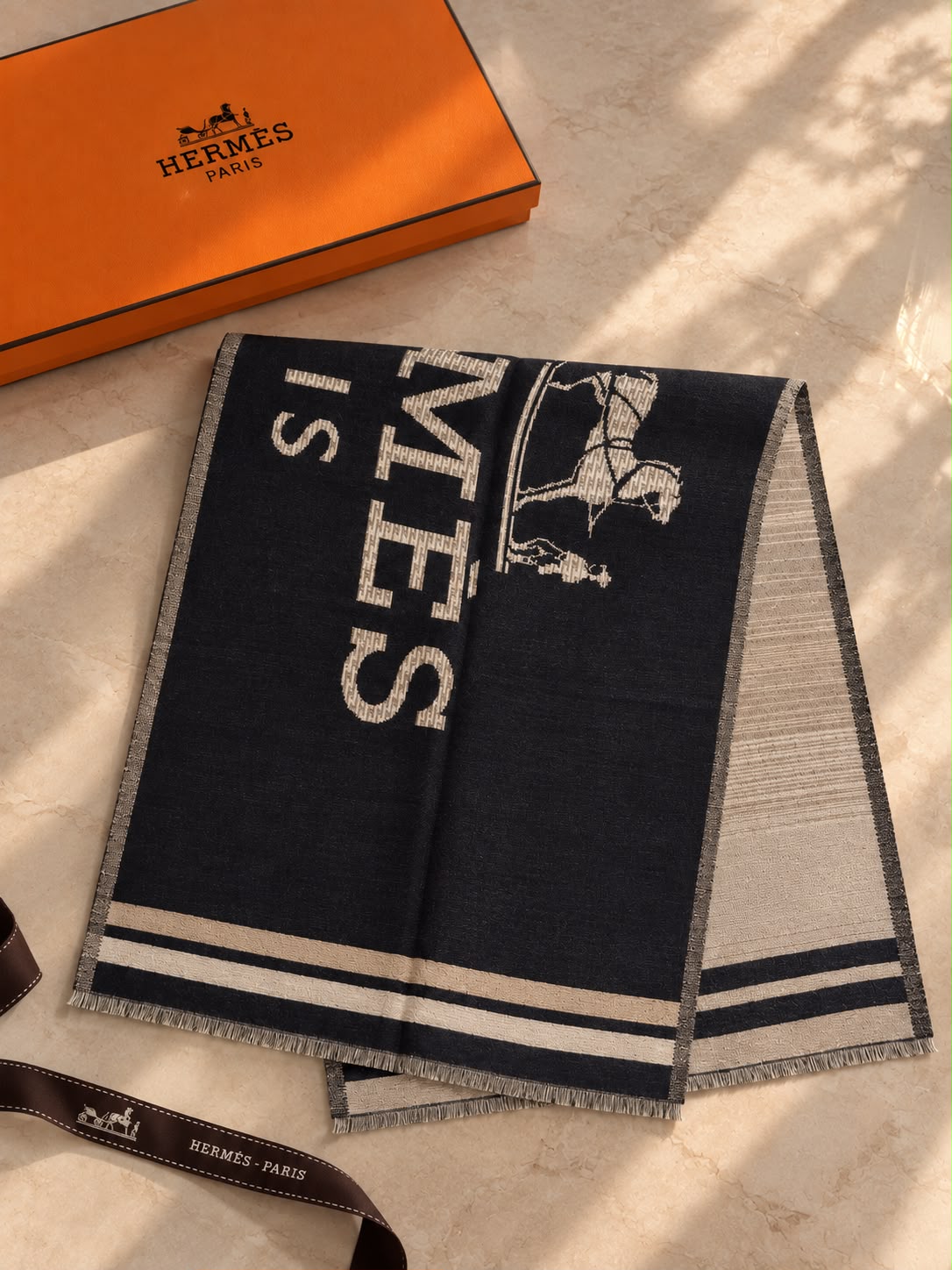 Hermès Large Logo Striped Scarf