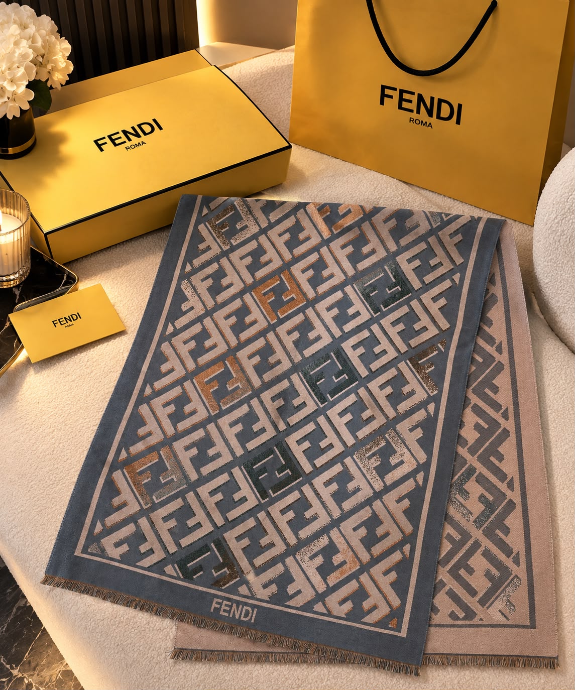 FENDI Diamond Stripe Fringed Scarf