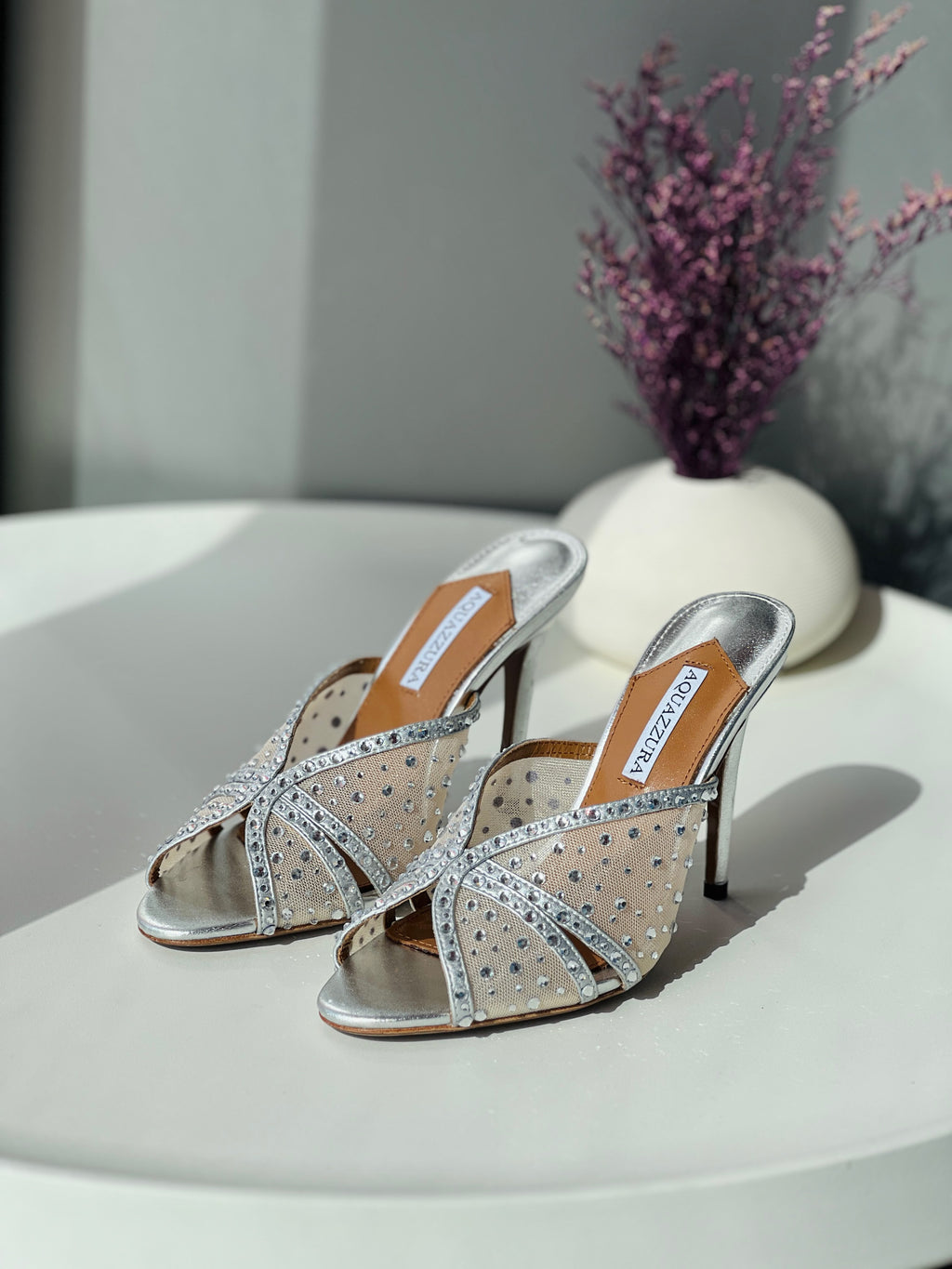 Aquazzura Silver Embellished Mesh Mules