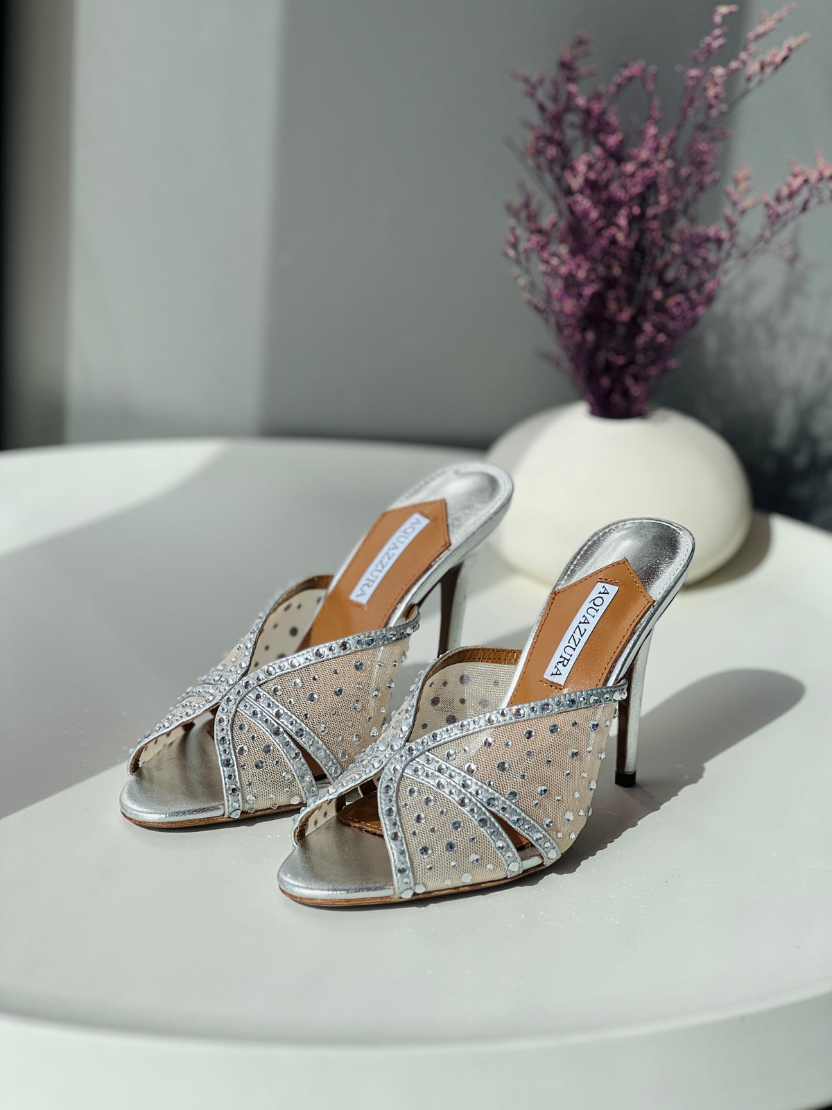 Aquazzura Silver Embellished Mesh Mules