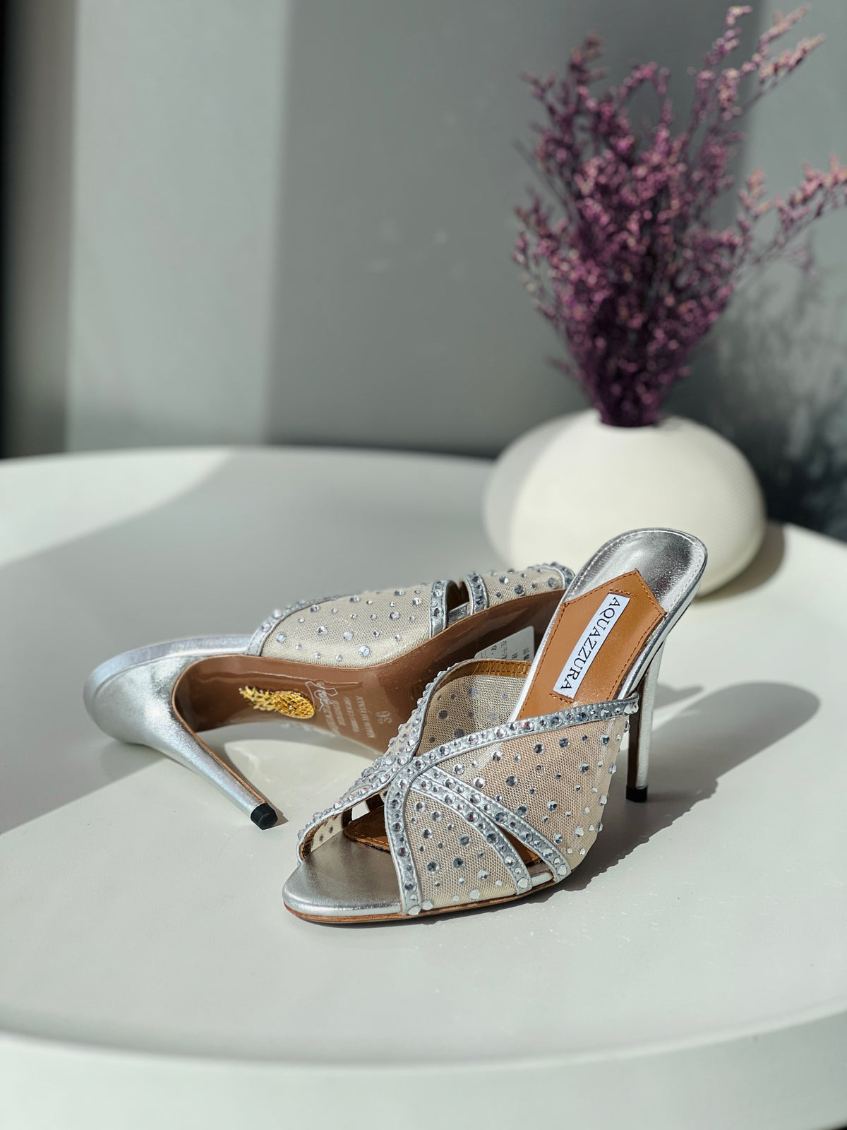 Aquazzura Silver Embellished Mesh Mules