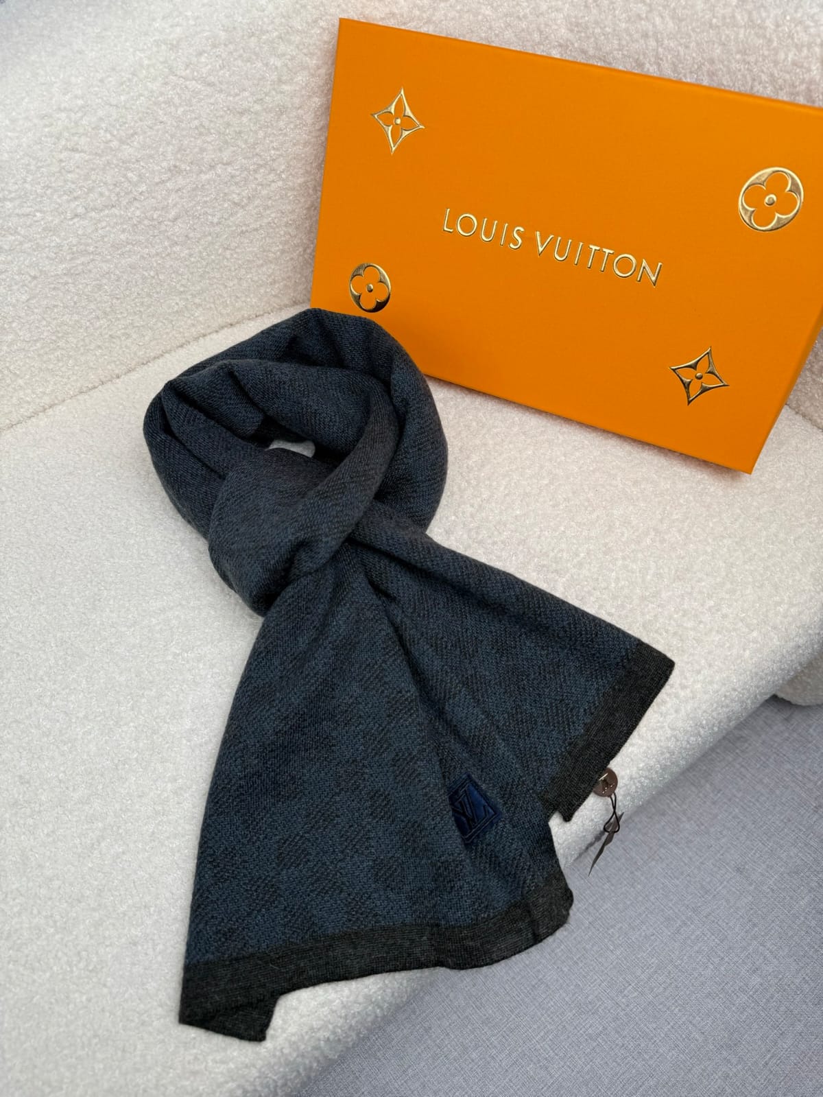 LV Tonal Check Logo Patch Scarf