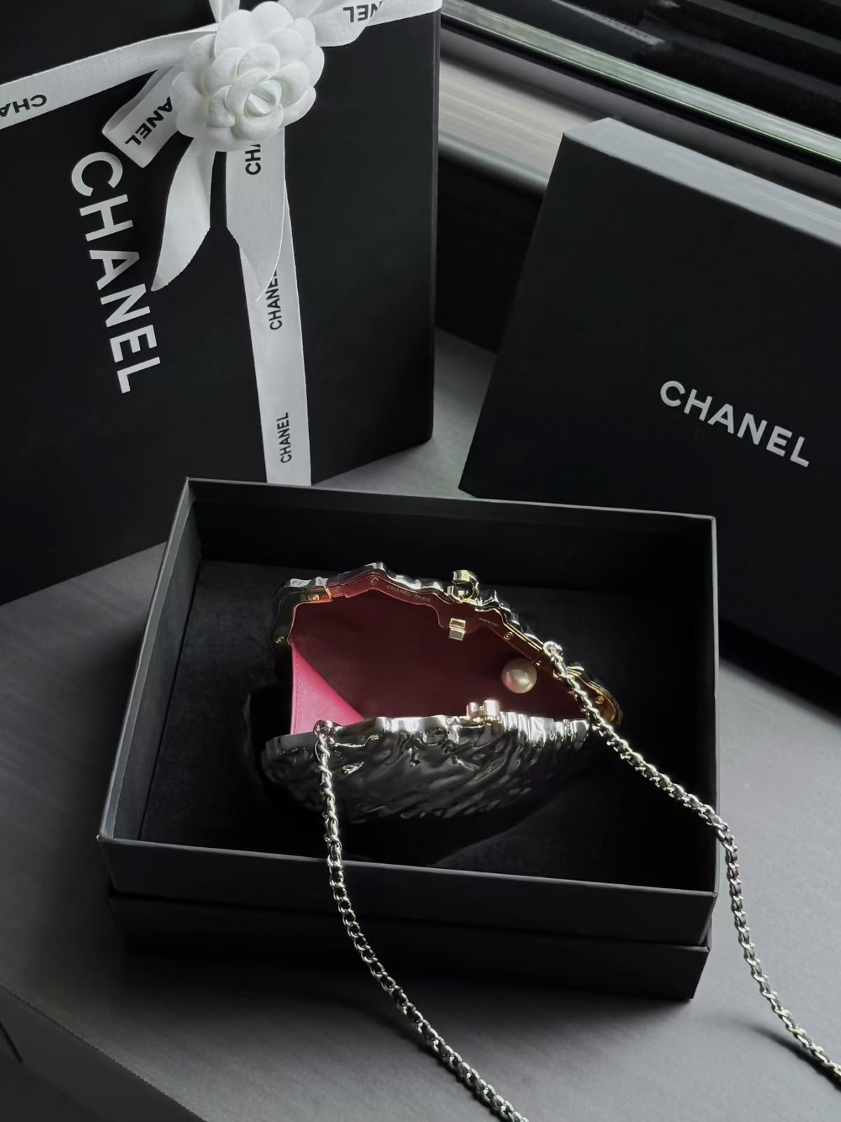 CHANEL Silver Shell Chain Bag