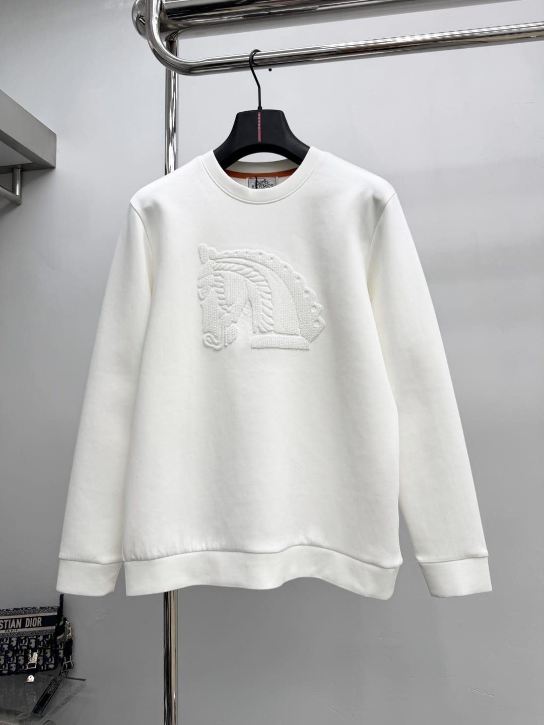 HERMES White Embroidered Horse Crewneck Sweatshirt