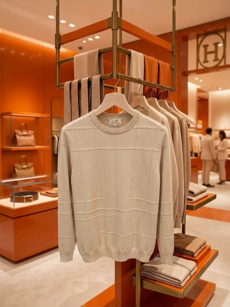 HERMES Raised Grid Crew Neck Sweater