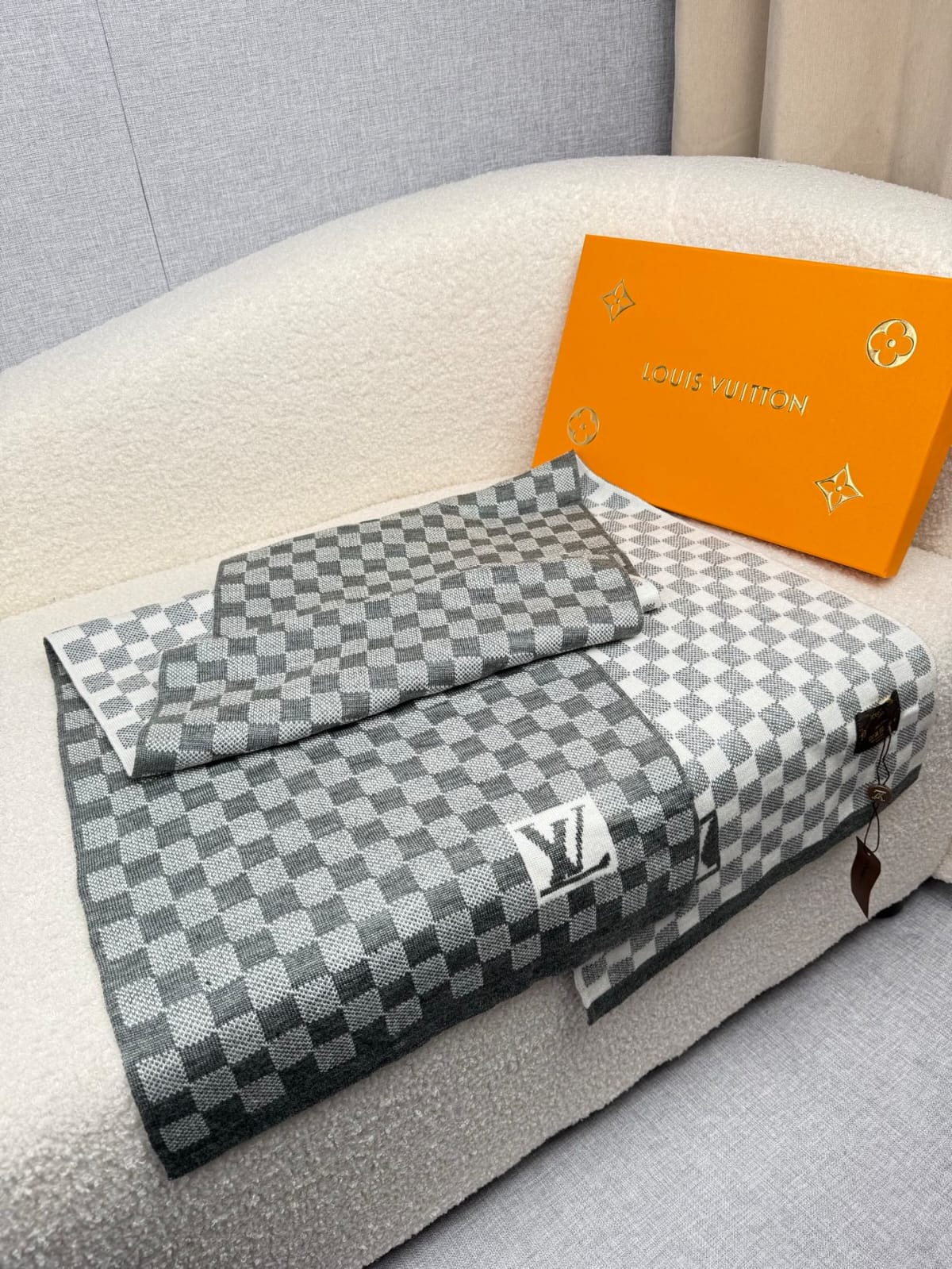 LV Tonal Check Logo Patch Scarf