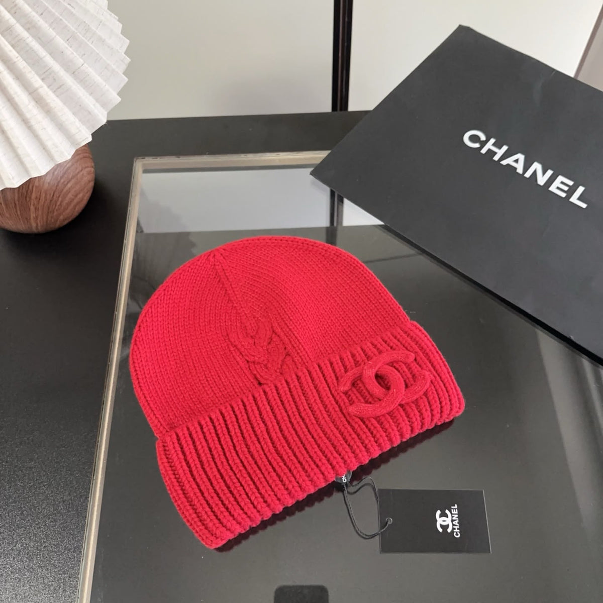CHANEL Tonal Logo Cable Knit Beanie