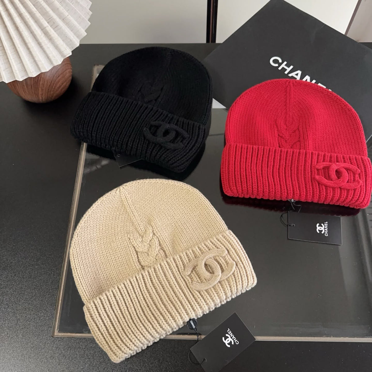 CHANEL Tonal Logo Cable Knit Beanie