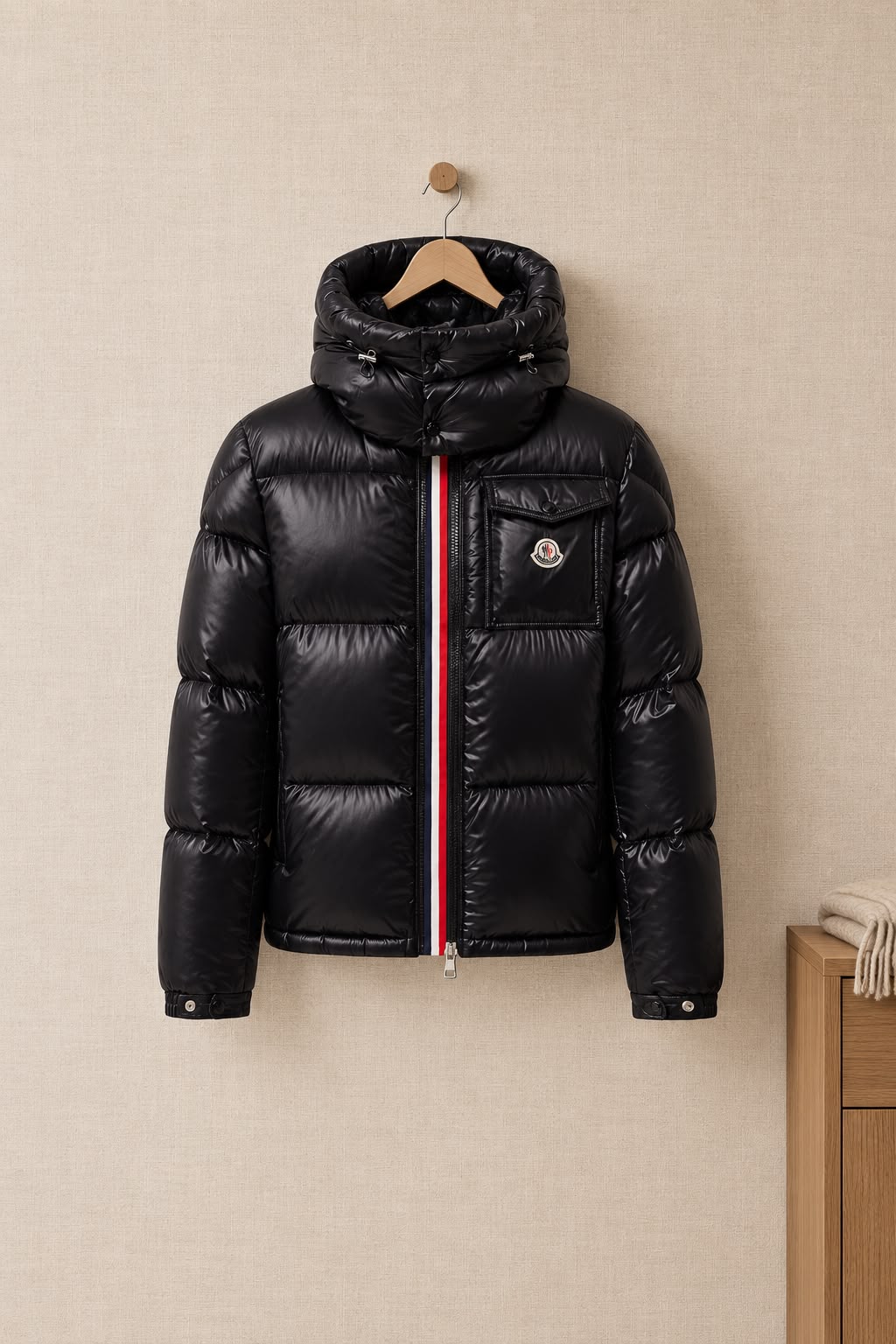MONCLER Men Glossy Black Tricolour Zip Puffer Jacket