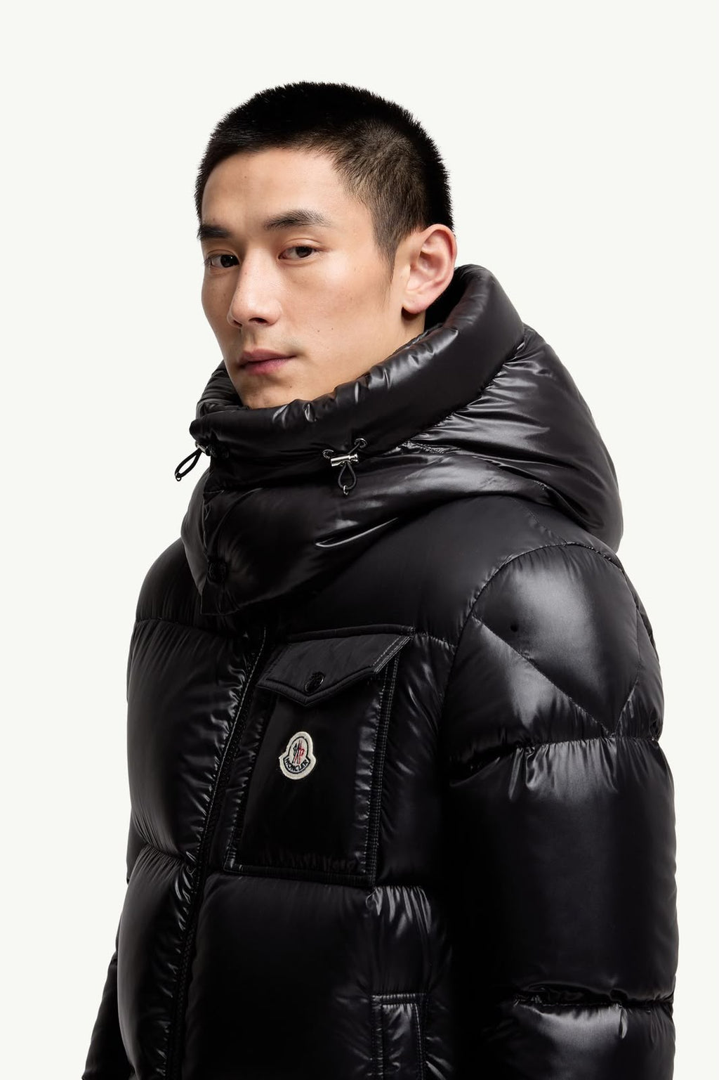 MONCLER Men Glossy Black Tricolour Zip Puffer Jacket