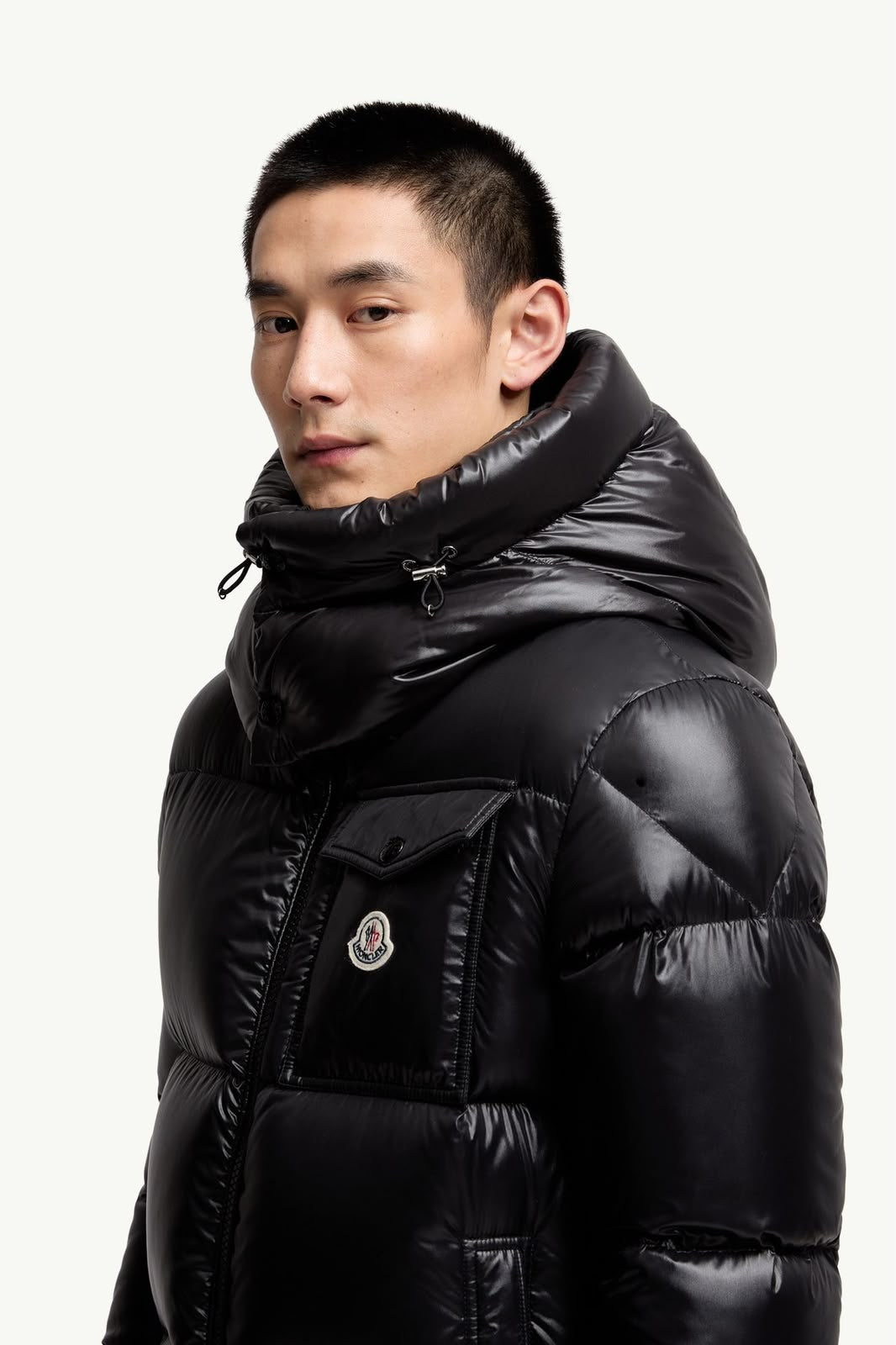 MONCLER Men Glossy Black Tricolour Zip Puffer Jacket