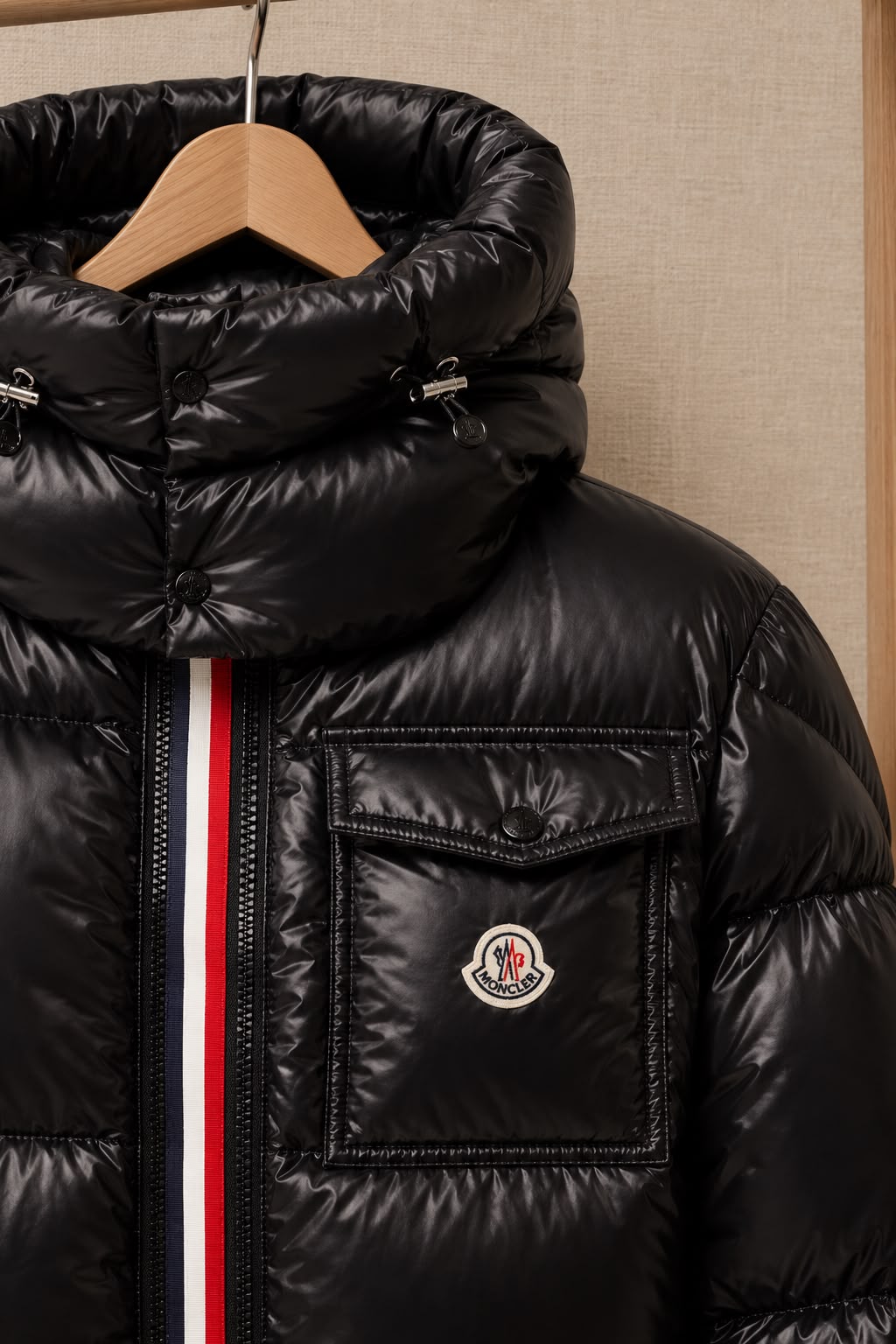 MONCLER Men Glossy Black Tricolour Zip Puffer Jacket