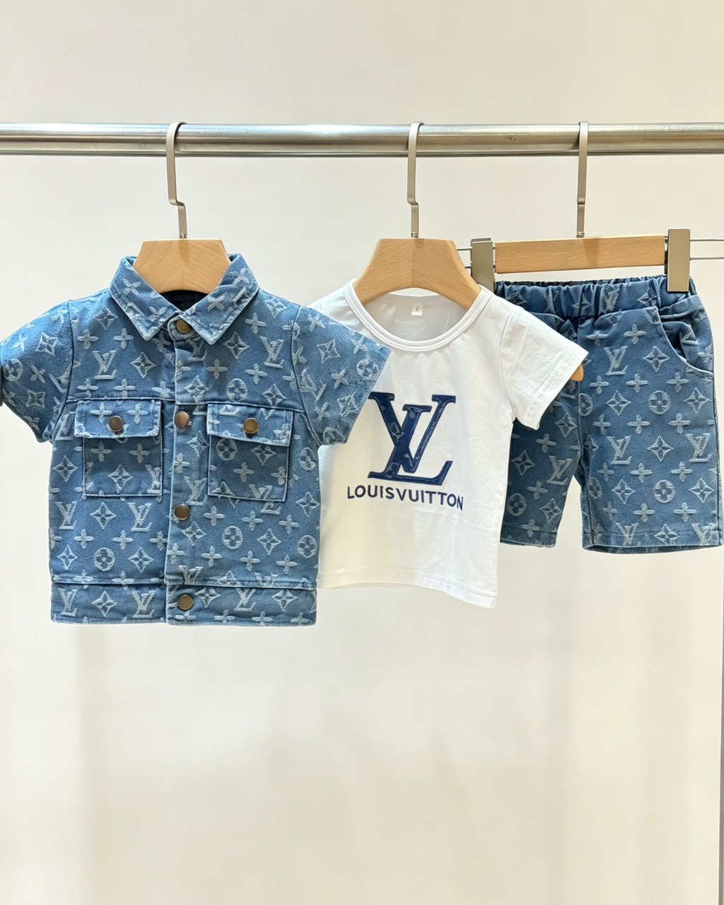 LV Baby Dark Denim Shirt Tee Shorts Set