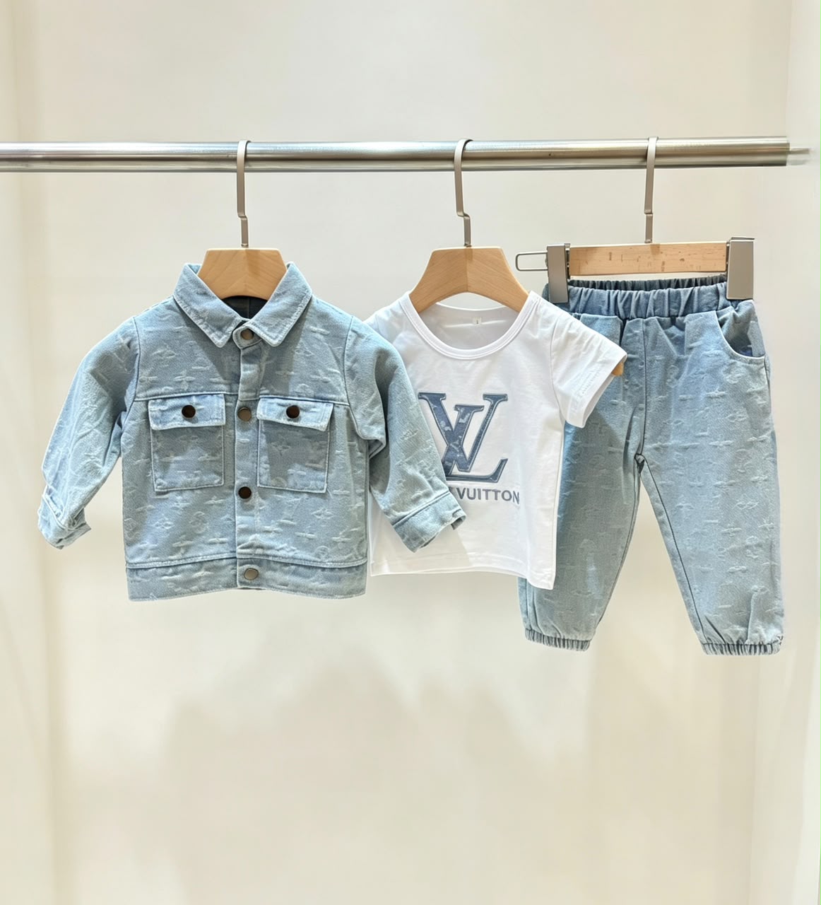 LV Baby Light Denim Jacket Tee Trouser Set