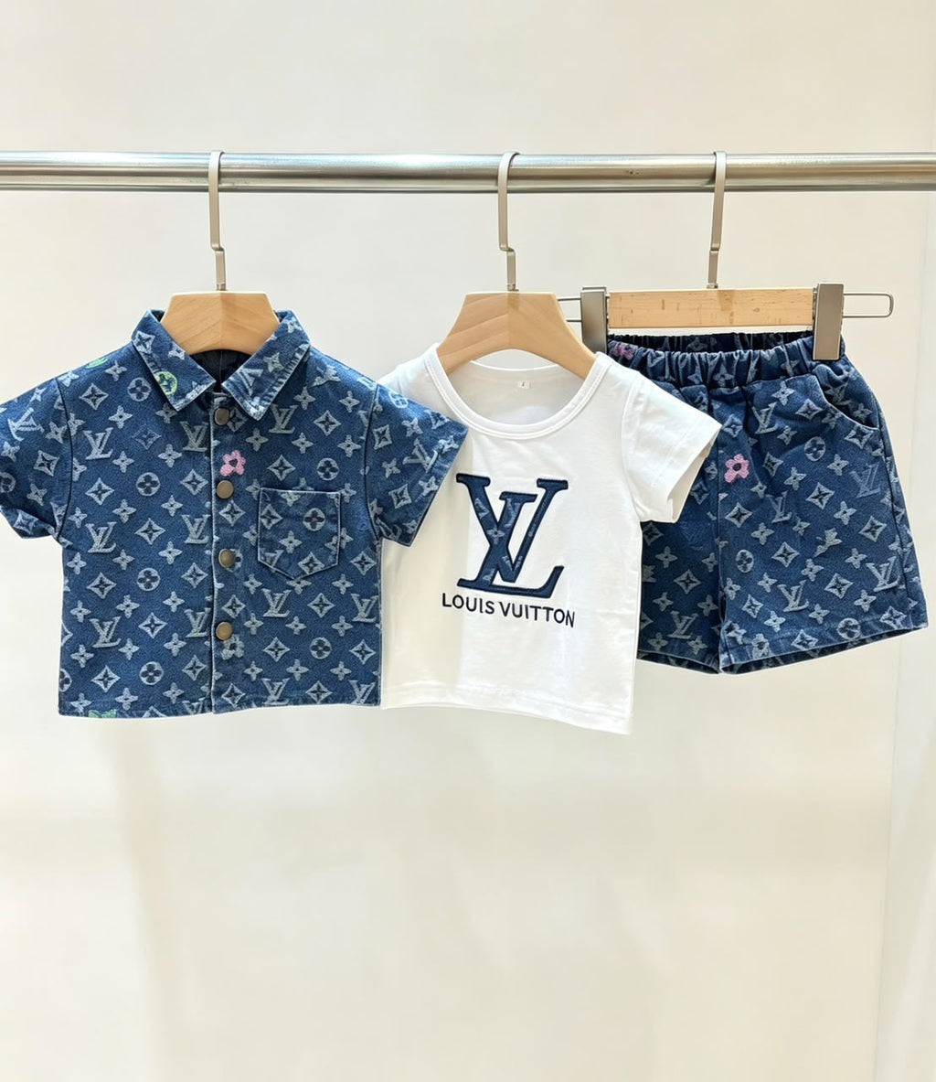 LV Baby Dark Denim Shirt Tee Shorts Set