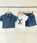 LV Baby Dark Denim Shirt Tee Shorts Set