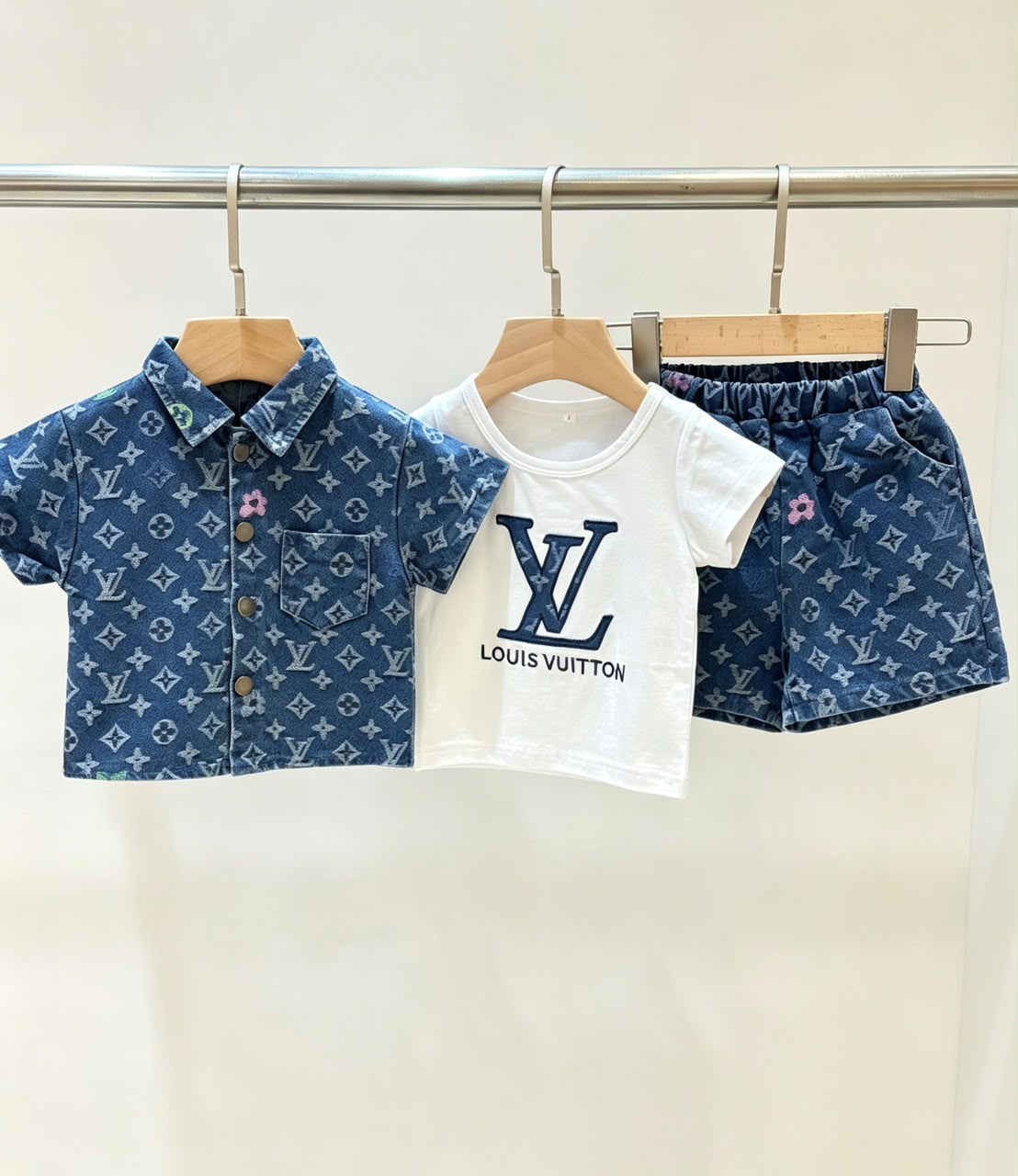 LV Baby Dark Denim Shirt Tee Shorts Set