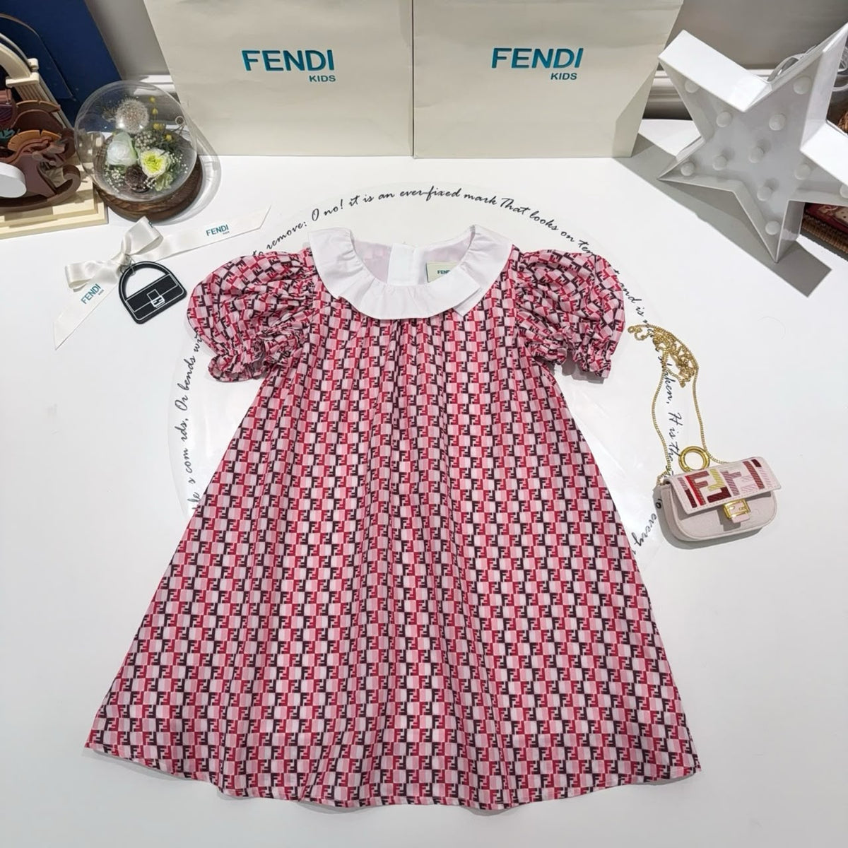 FENDI Baby Pink Monogram Ruffle Collar Dress