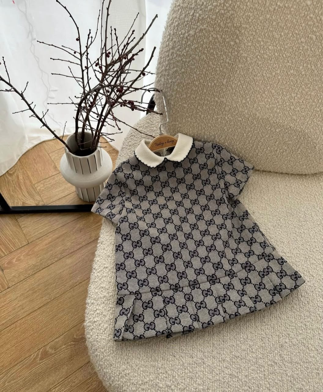 Gucci Baby Grey Monogram Ruffle Hem Dress