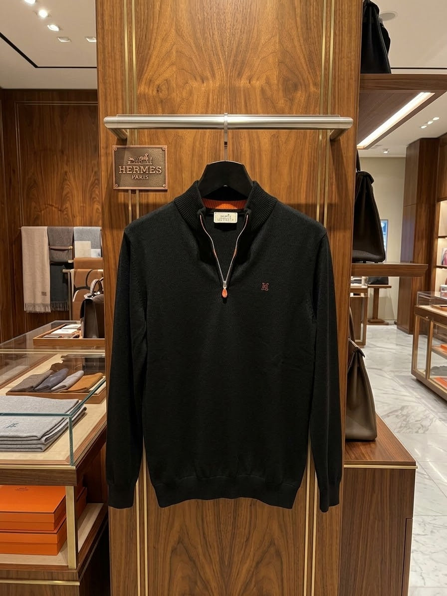 HERMES Ribbed Collar Quarter Zip Sweater