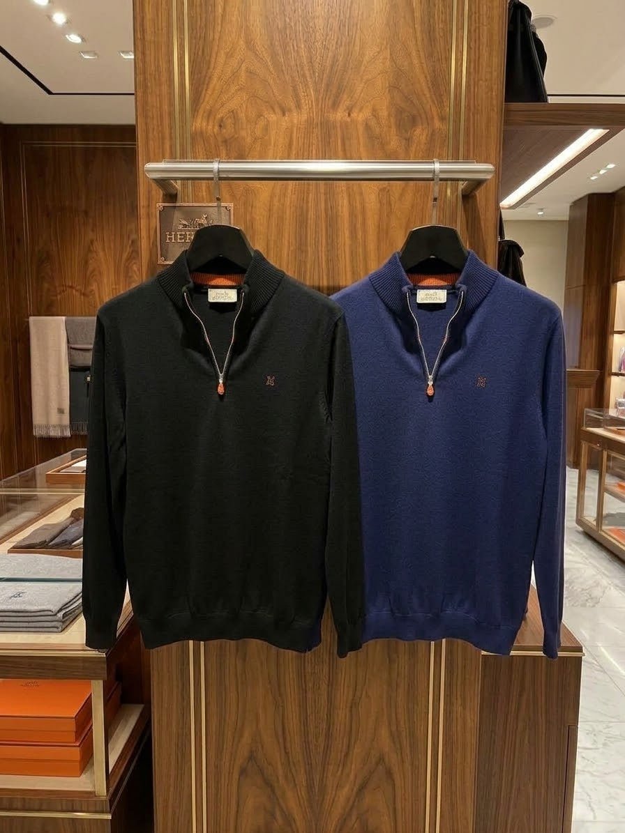 HERMES Ribbed Collar Quarter Zip Sweater