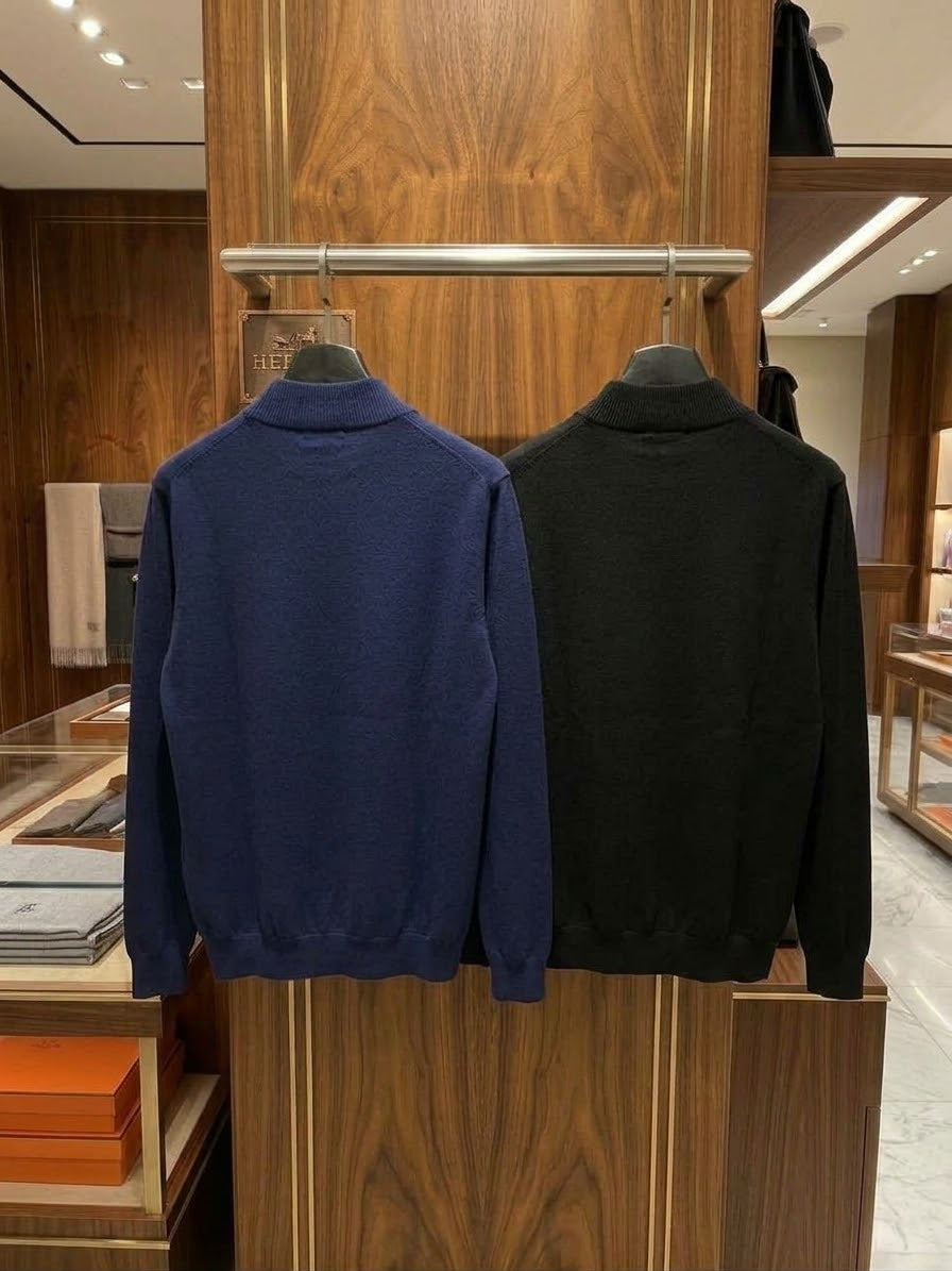 HERMES Ribbed Collar Quarter Zip Sweater
