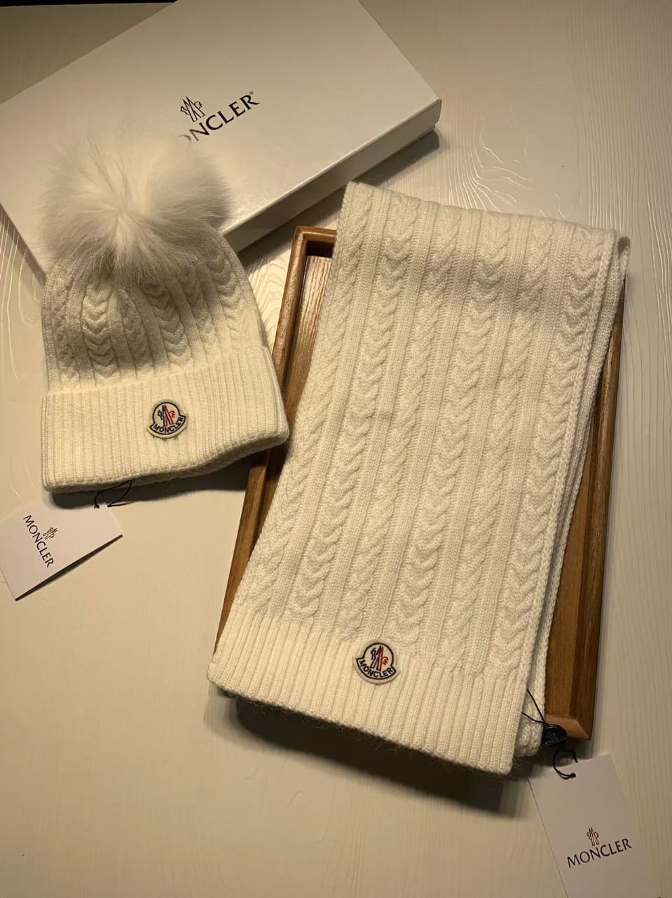 MONCLER Cable Knit Beanie and Scarf Set
