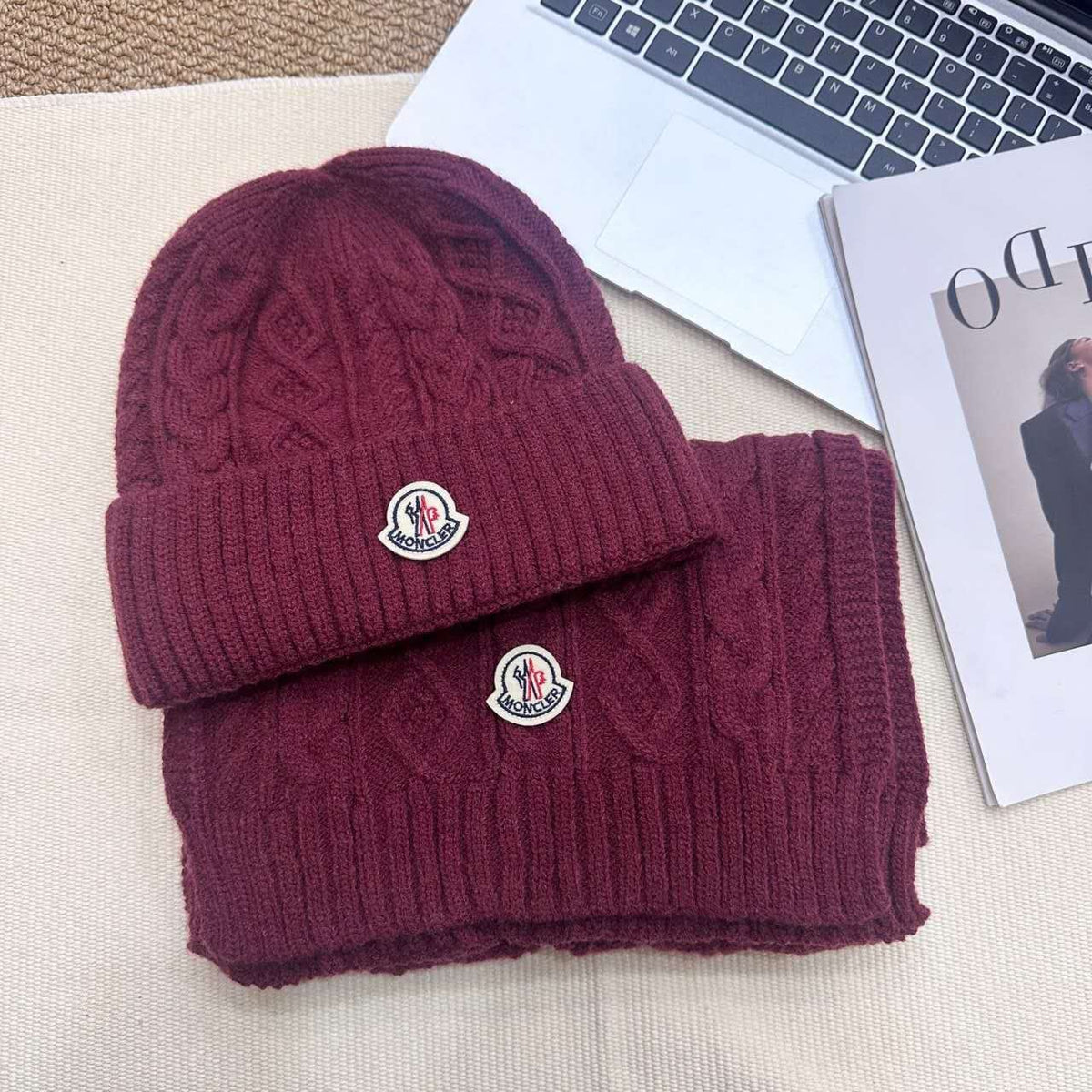 MONCLER Pompom Beanie and Scarf Set