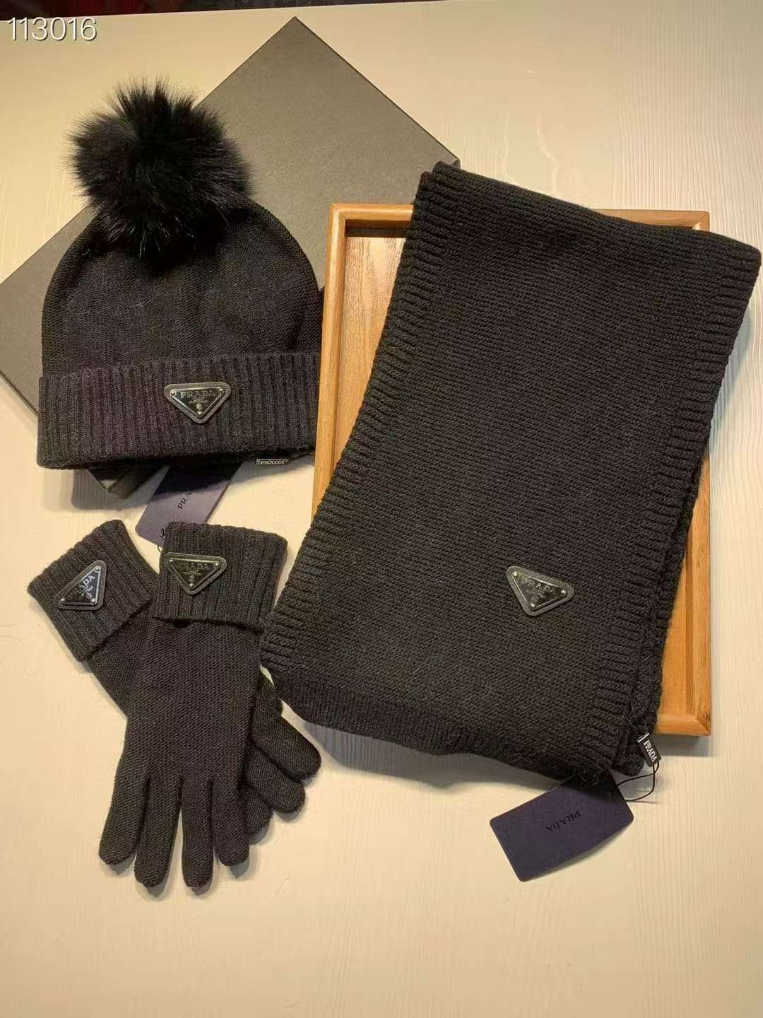 Prada Geometric Knit Pompom Winter Set