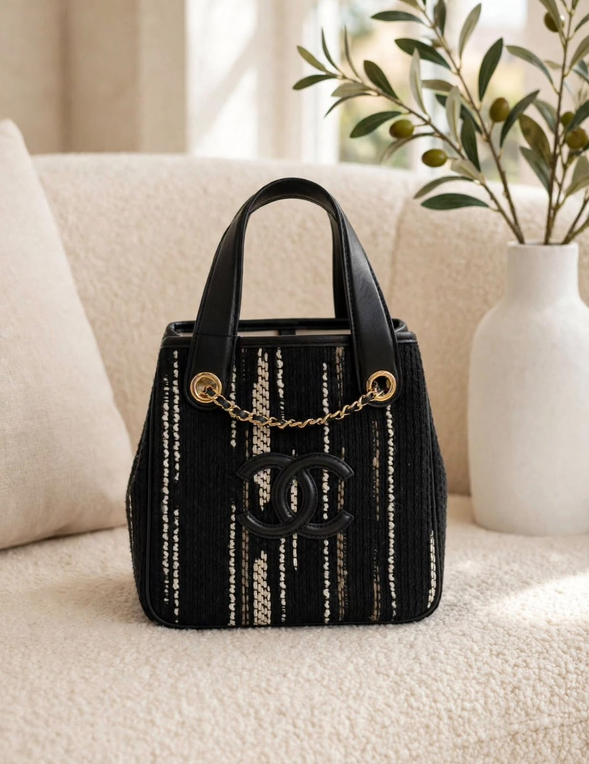 CHANEL Striped Chain Detail Tote Bag