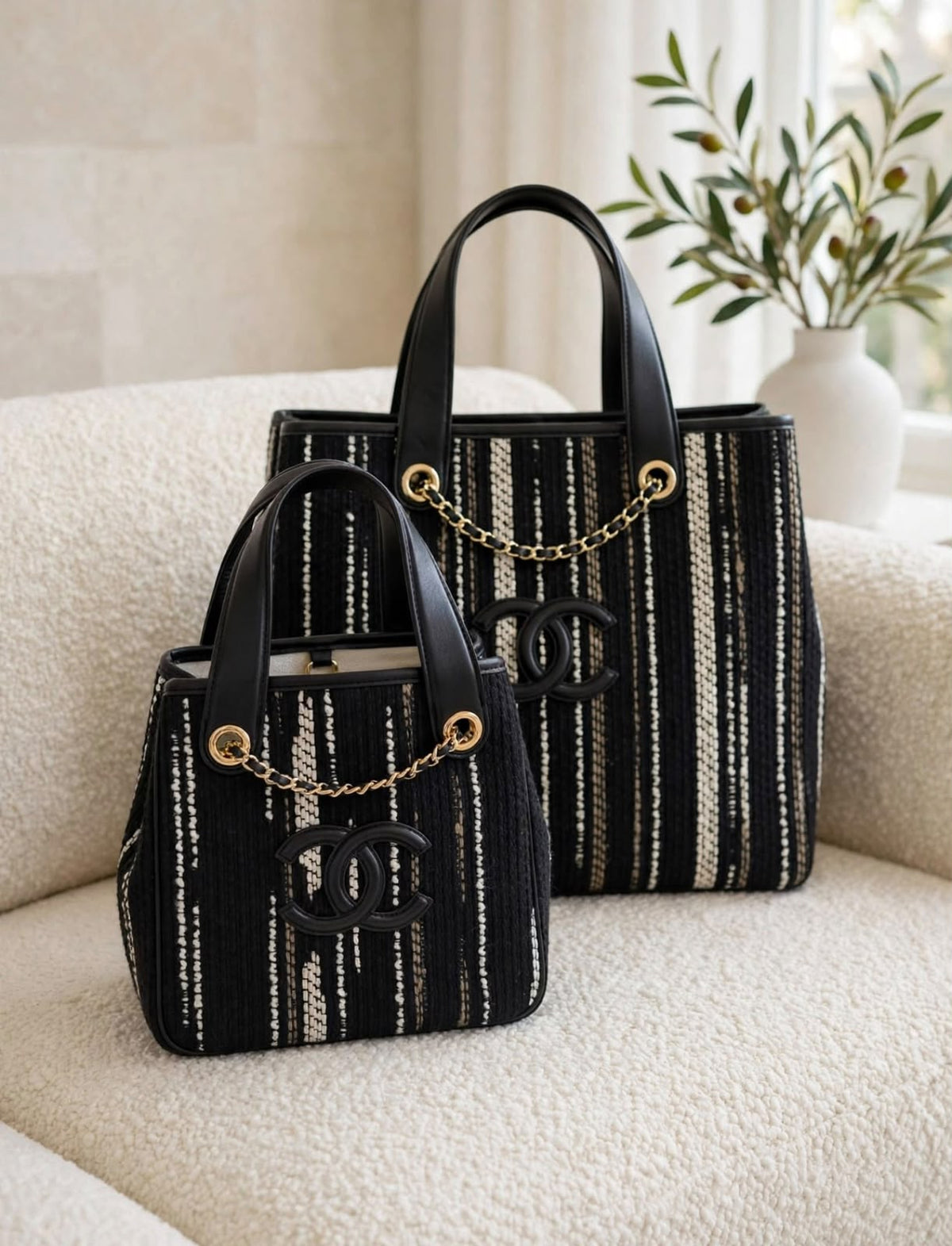 CHANEL Striped Chain Detail Tote Bag