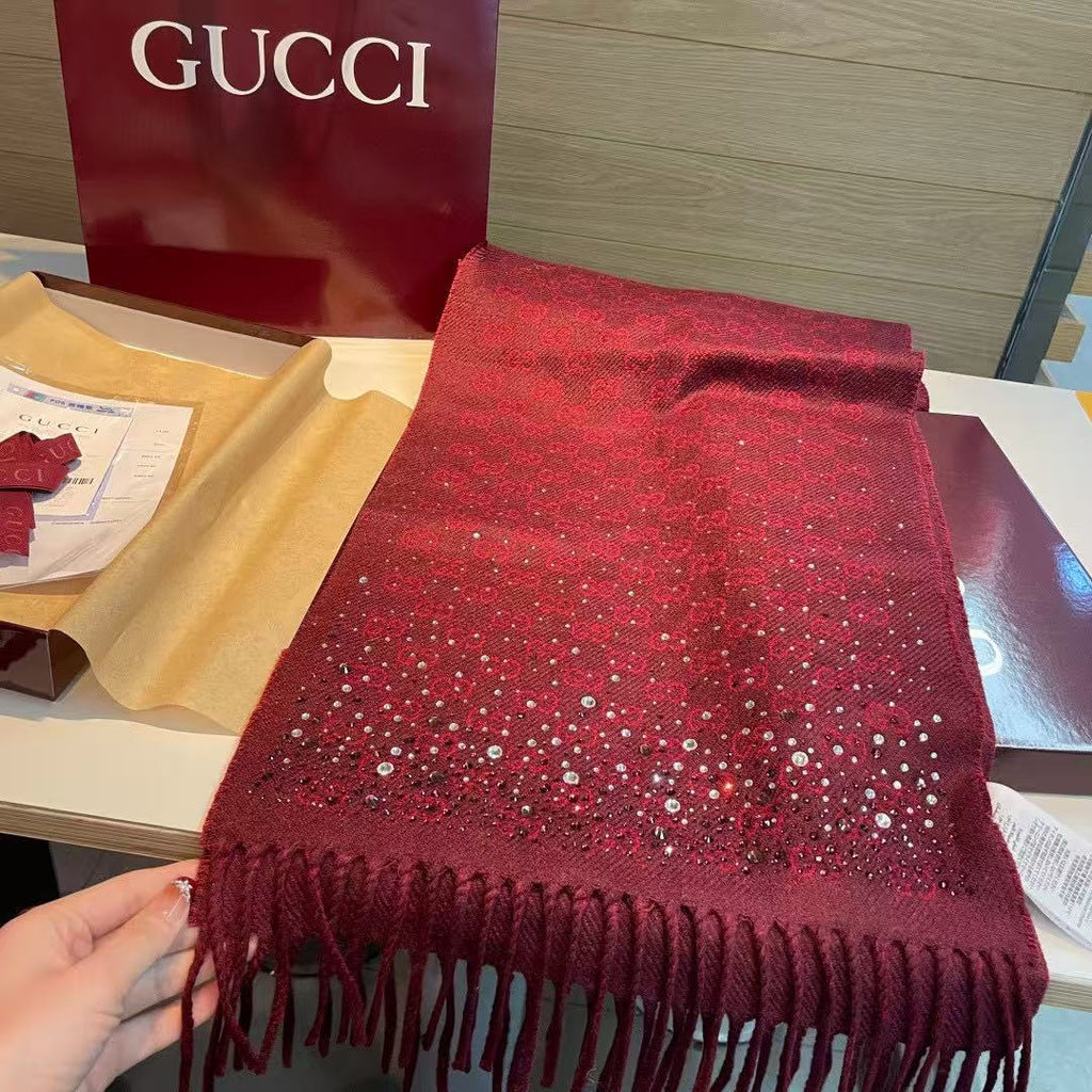Gucci Embellished GG Fringed Scarf