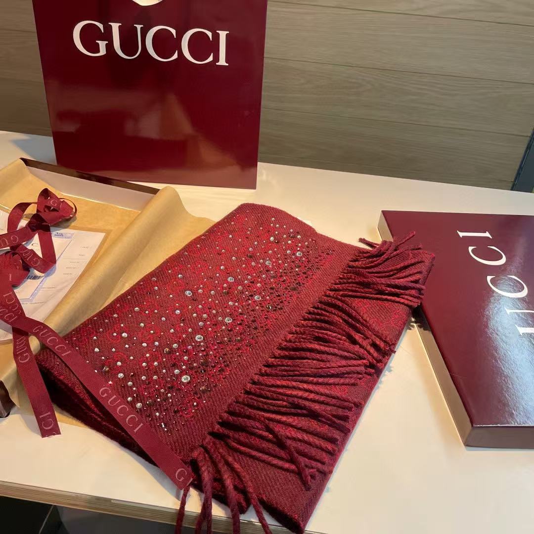 Gucci Embellished GG Fringed Scarf