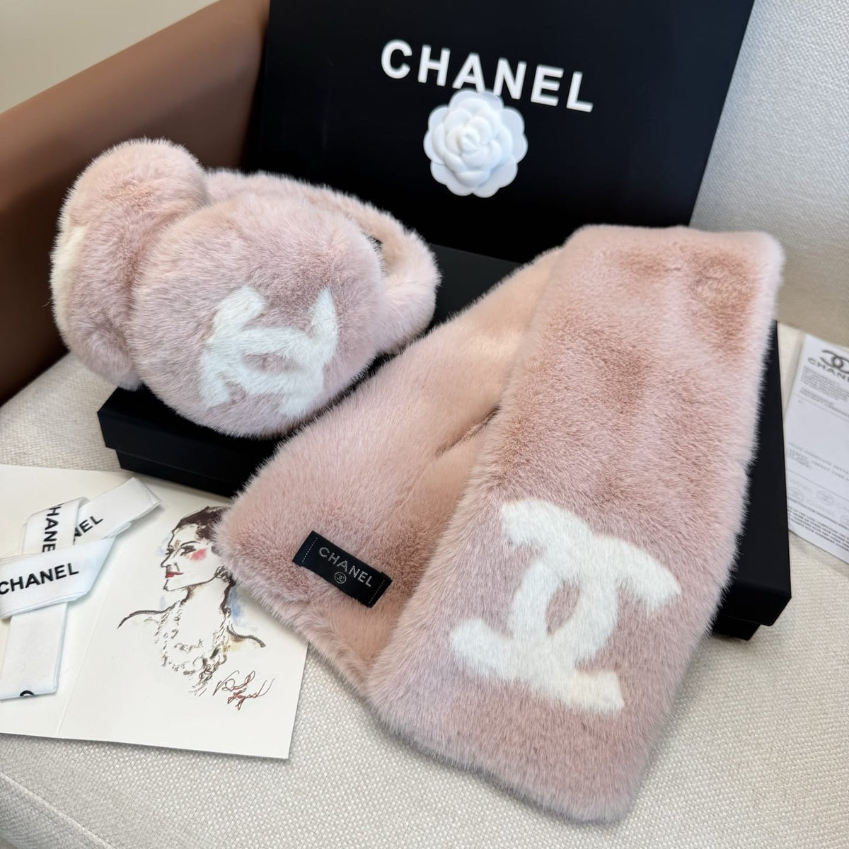 CHANEL Logo Scarf and Earmuffs Set