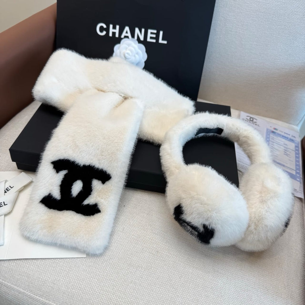 CHANEL Logo Scarf and Earmuffs Set