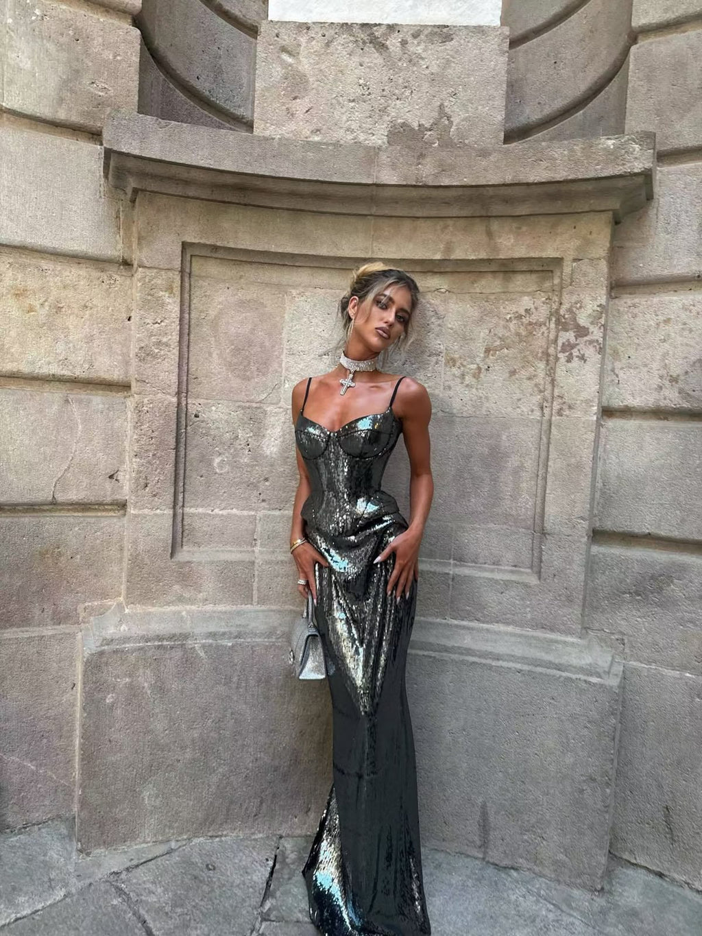 HERVE LEGER Metallic Corset Maxi Dress