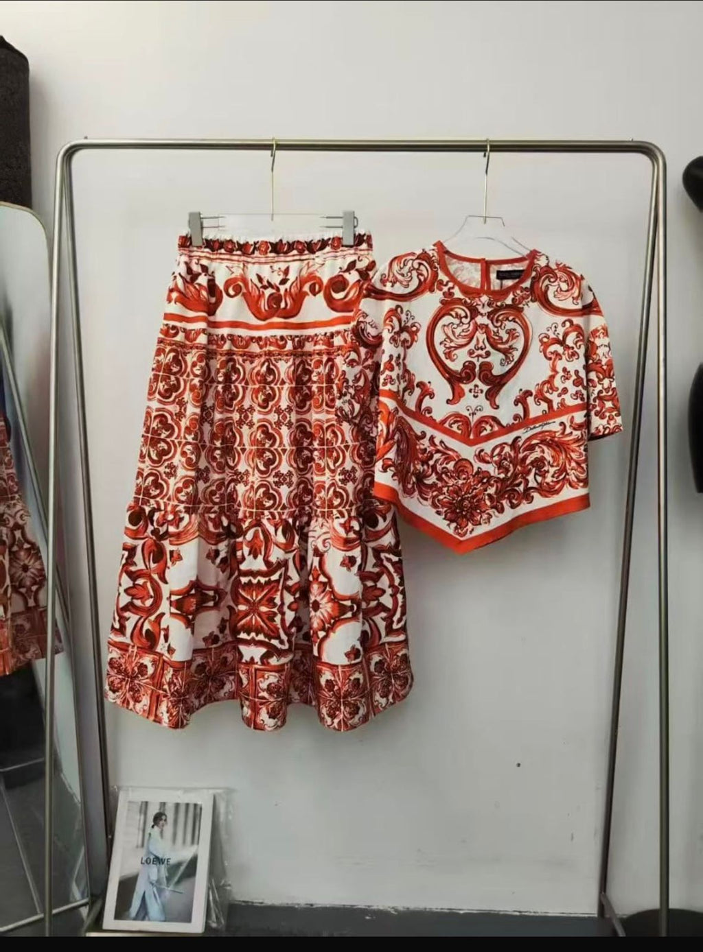 DOLCE & GABBANA Red Printed Top and Midi Skirt Set